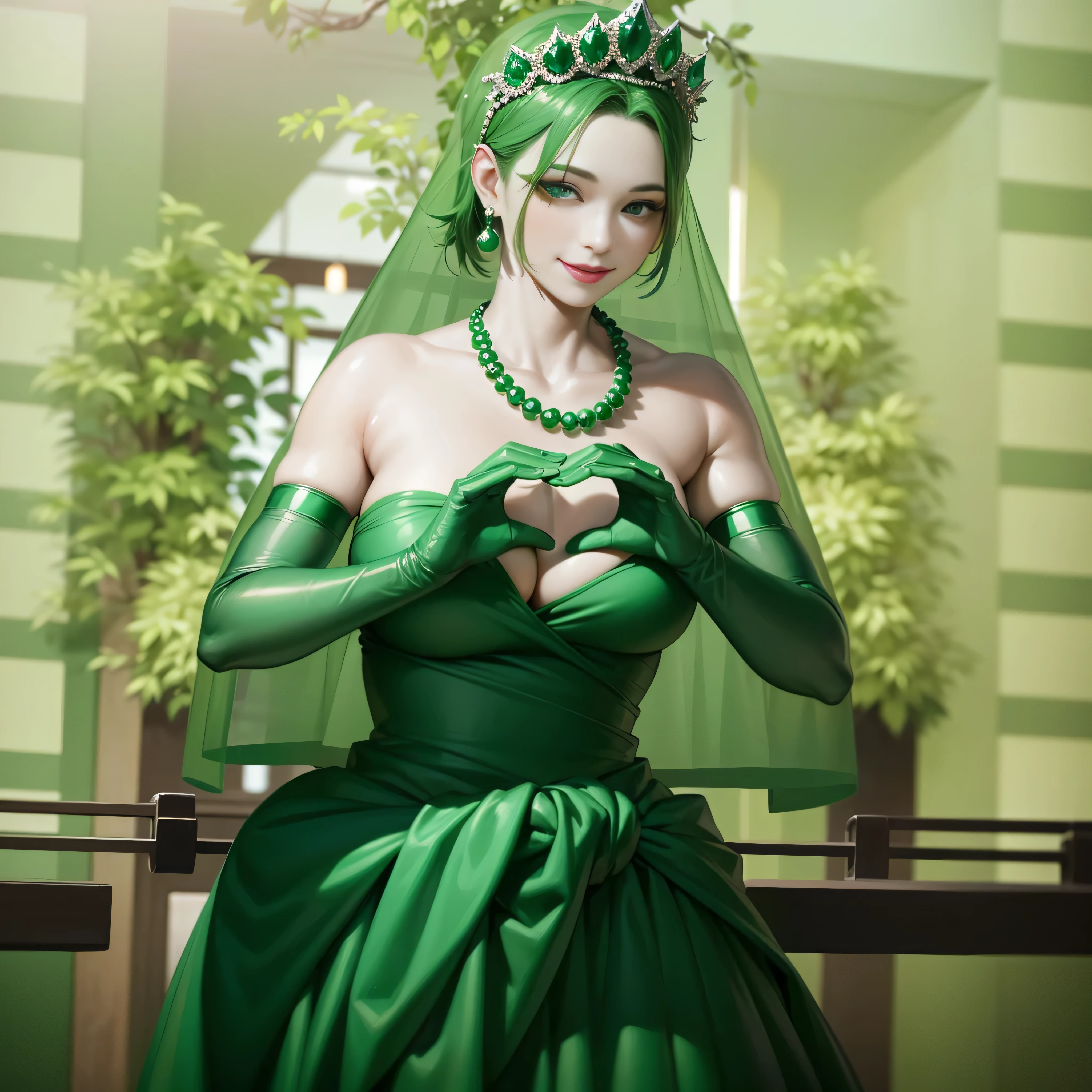 emerald tiara, green pearl necklace, boyish very short green hair, lipstick, smiling Japanese woman, very short hair, big breasts beautiful, green eyes, Long Green Satin Gloves, green eyes, V sign, emerald earrings, green veil, green lip gloss
