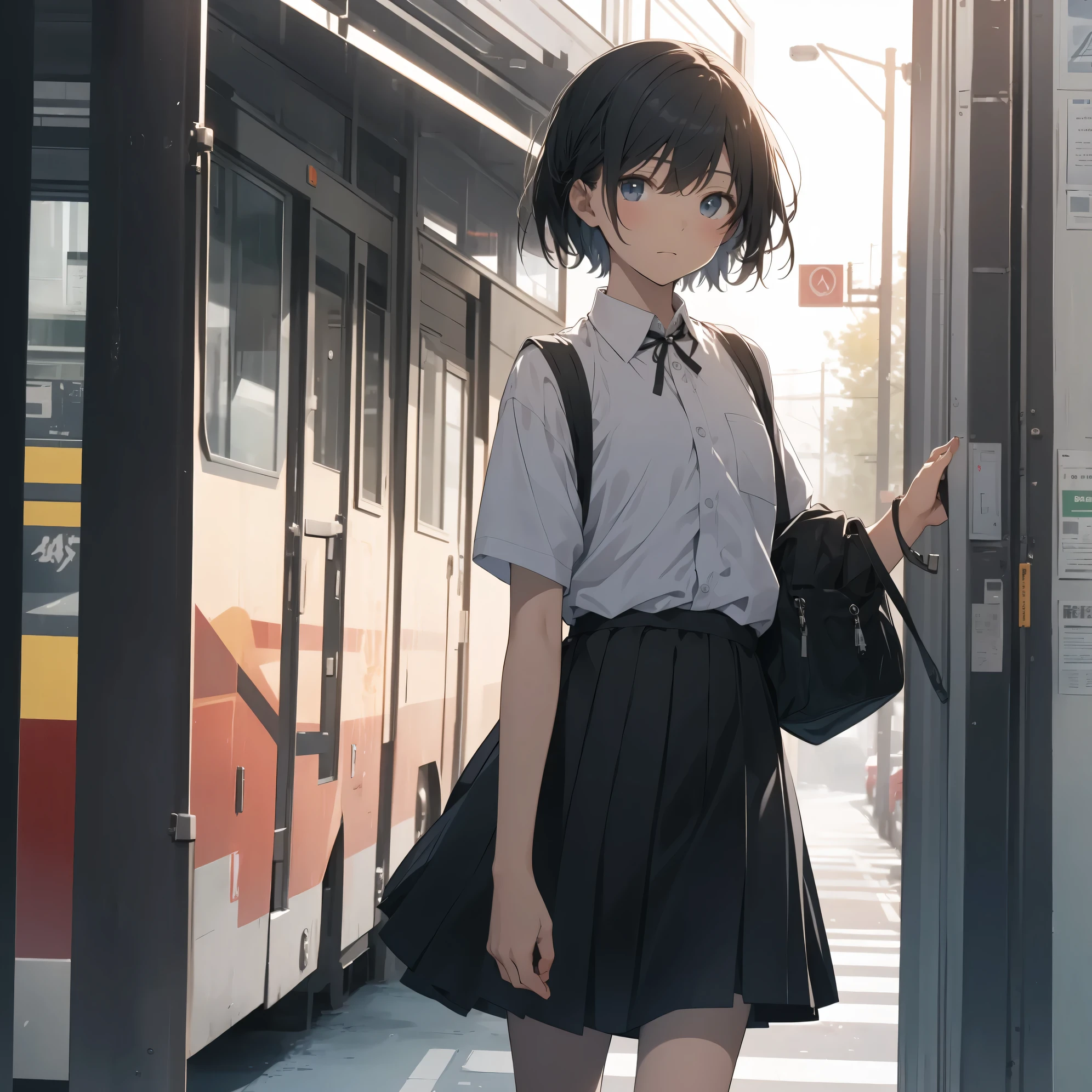 Super high quality by the art god, super detailed, High resolution, anime moe art style, best anime 8K konachan wallpaper, pixiv contest winner, perfect anatomy, break,(眠そうにalone学校へ行く女の子を描いてください. )break, 1 girl, (alone,little woman, , 13 years old:1.3),All limbs, full finger,, The charm of an immature body, (very short hair), flat chest, small ass, between legs, Small black eyes, beautiful and fine eyes, Well-proportioned iris and pupils, expressive eyes, High resolutionの詳細な髪, ribbon, skirt, collared shirt, neck ribbon, pleated skirt, school uniform, shirt, white shirt, (detailed lighting), (detailed background), On the way to school. break,super dense skin, Best lighting by famous artists, 8K, figure,UHD, rough skin