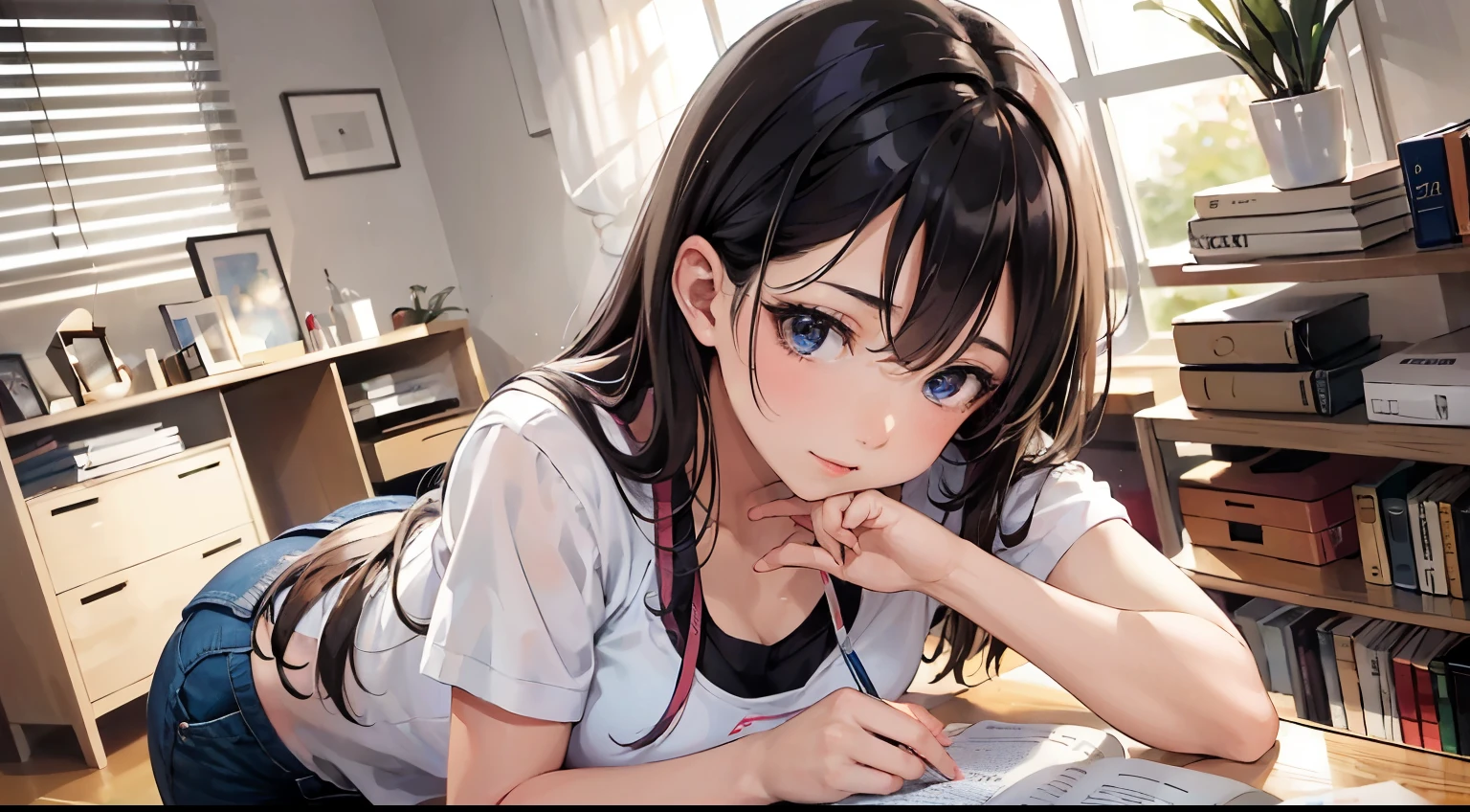 woman working at a desk, girl, realistic young gravure idol, Japanese pose, タイトでシンプルな服を着たかわいいgirl, UHD frank photo is dirty, 美しいアニメのgirl, tight clothing, perfect expression, 休んでいるgirl, young gravure idol, Young skinny gravure idol、Many background signs