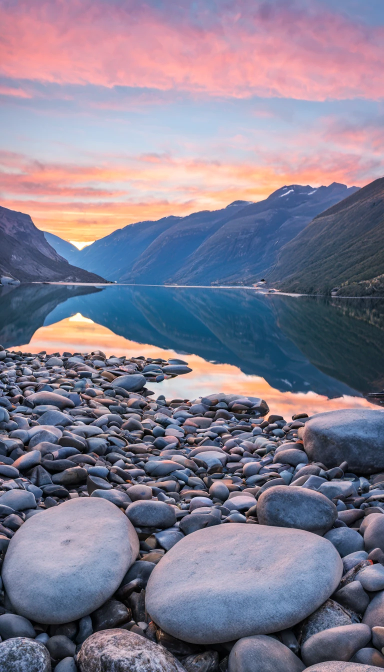 Norwegian fjords, sunset, crystal clear reflection, round rocks at thhe bottom of the shot,