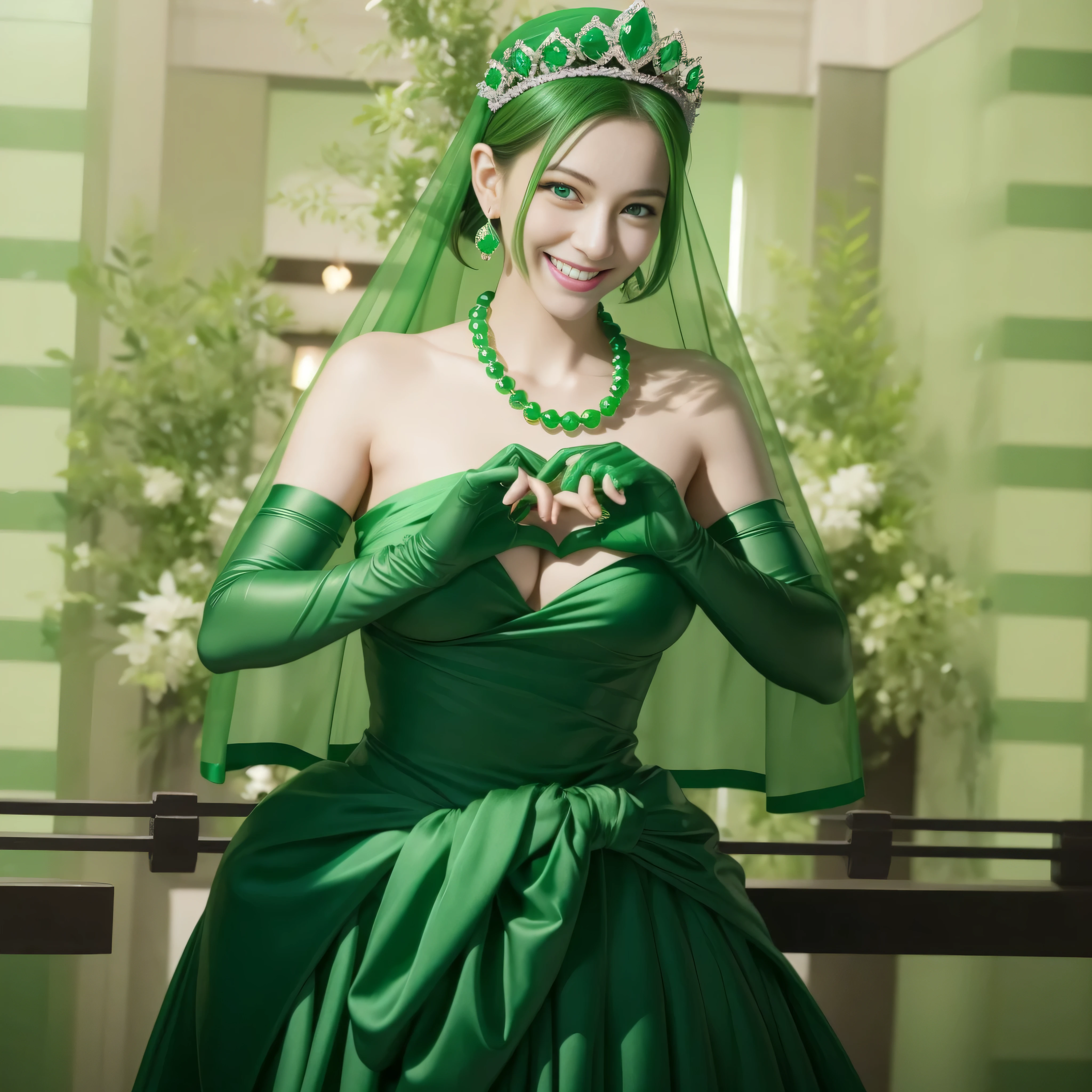 emerald tiara, green pearl necklace, boyish very short green hair, lipstick, smiling Japanese woman, very short hair, big breasts beautiful, green eyes, Long Green Satin Gloves, green eyes, V sign, emerald earrings, green veil, green lip gloss