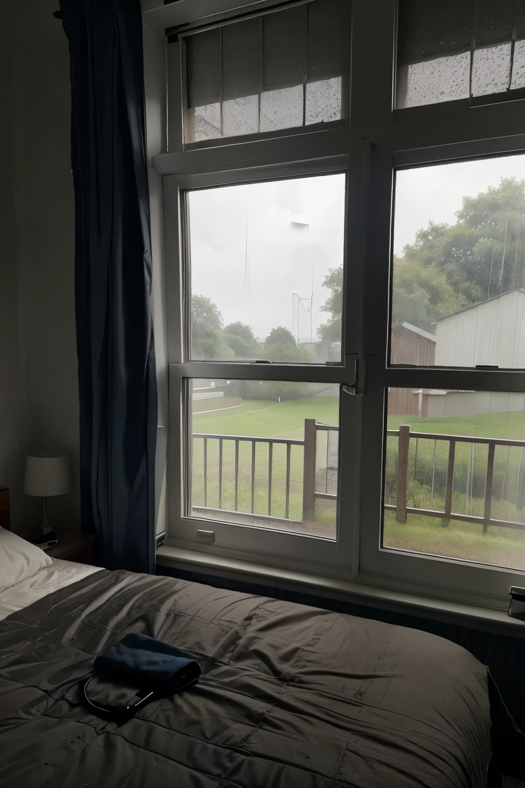 Room with a slightly dark rainy window