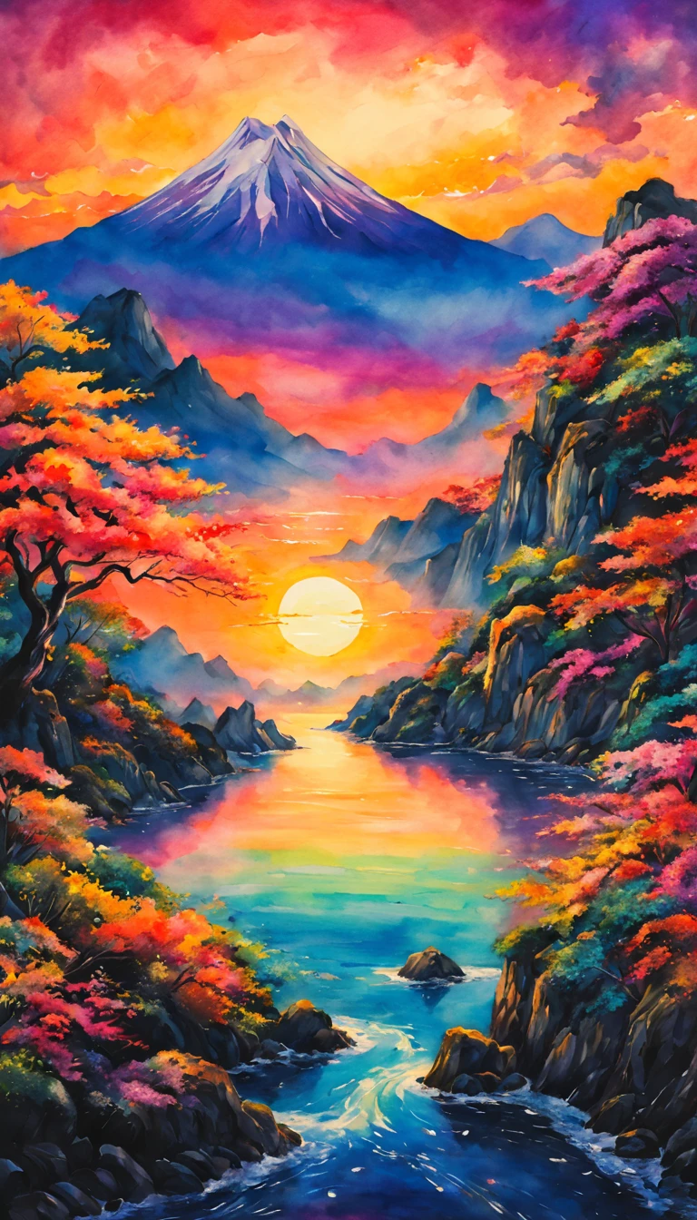 空に広がるsunset,landscape,watercolor painting,lightのカーテン,colorful,rich colors,dream-like,wonderful,bless,lightの粒,masterpiece,become familiar with,magic effect,light, breathtaking renderings, In a glorious connection, Inspired by Kinuko Y. , magic elements, , Is beautiful, colorfulな呪文を唱える, 明るいflash, flash,Van Goffo&#39;painting style,Japan,sunset