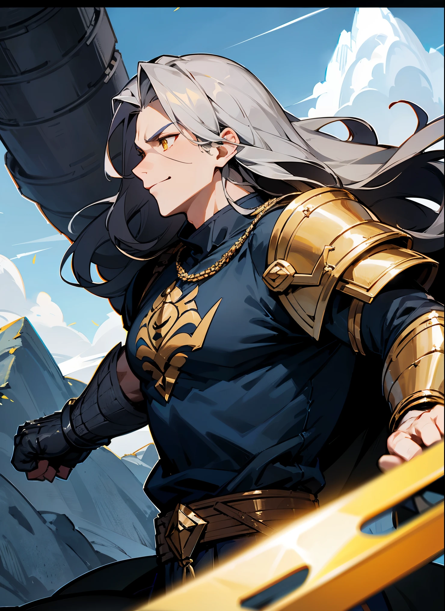 1male , Tall , Long Wavy Hair , Muscular , Single Gauntlet, Magic Gauntlet , Yellow Eyes , Grey Hair , Heroic Smile , Blue Skin , Adult Male , Heroic Pose , Mountain Range Background , Casual Clothing , Black T-Shirt , Armored Clothing 