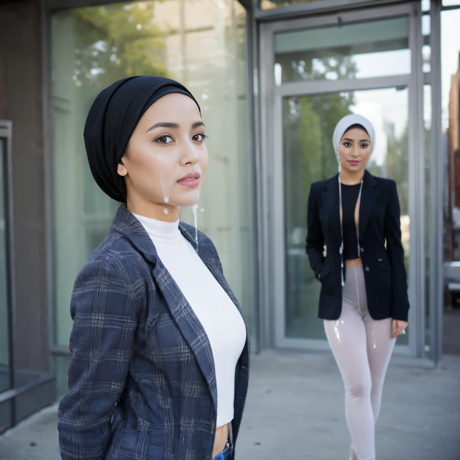 36 years Old, Beautiful Hijab Indonesian woman, (Realistic Natural ), Wearing Blazer, Curvy body, full body, Realistic detailed body, at Fitness Place, Professional Lightning, High Lightning, Nikon D7000, 64K HDR, full body shot, daytime, (Sperm Liquid cover Her whole Face: 1.2)