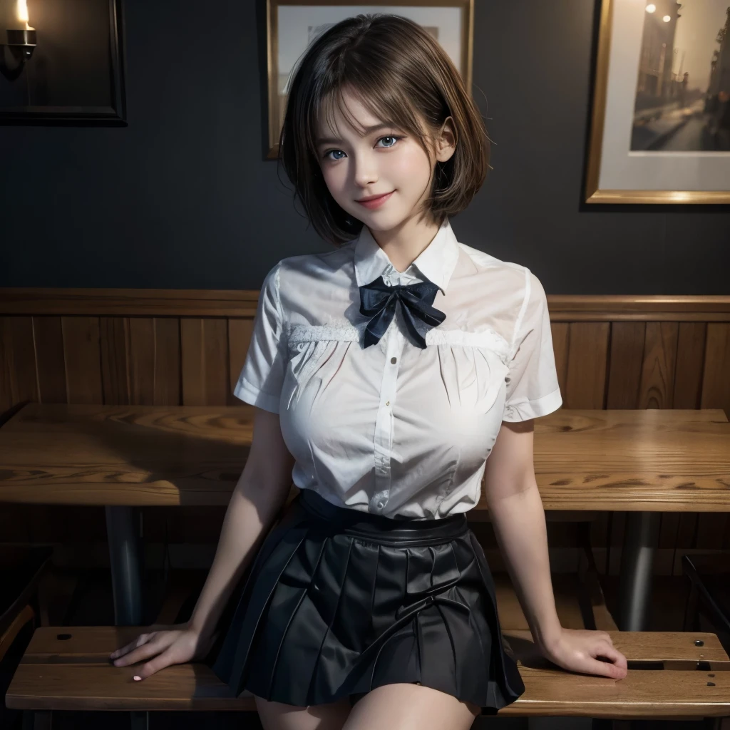 ((of the highest quality, 8K, masutepiece: 1.3, Raw photo)), Sharp Focus: 1.2, (1 AESPA Girl :1.1), Solo, (Realistic, Photorealistic: 1.37), (Face Focus: 1.1), Cute face, hyperdetailed face, (short messy hair: 1.2), Small Smile, Small breasts, flat chest, nude, ruffle-skirt, multilayer-skirt, chiffon skirt, Thigh, cafe, bar, books