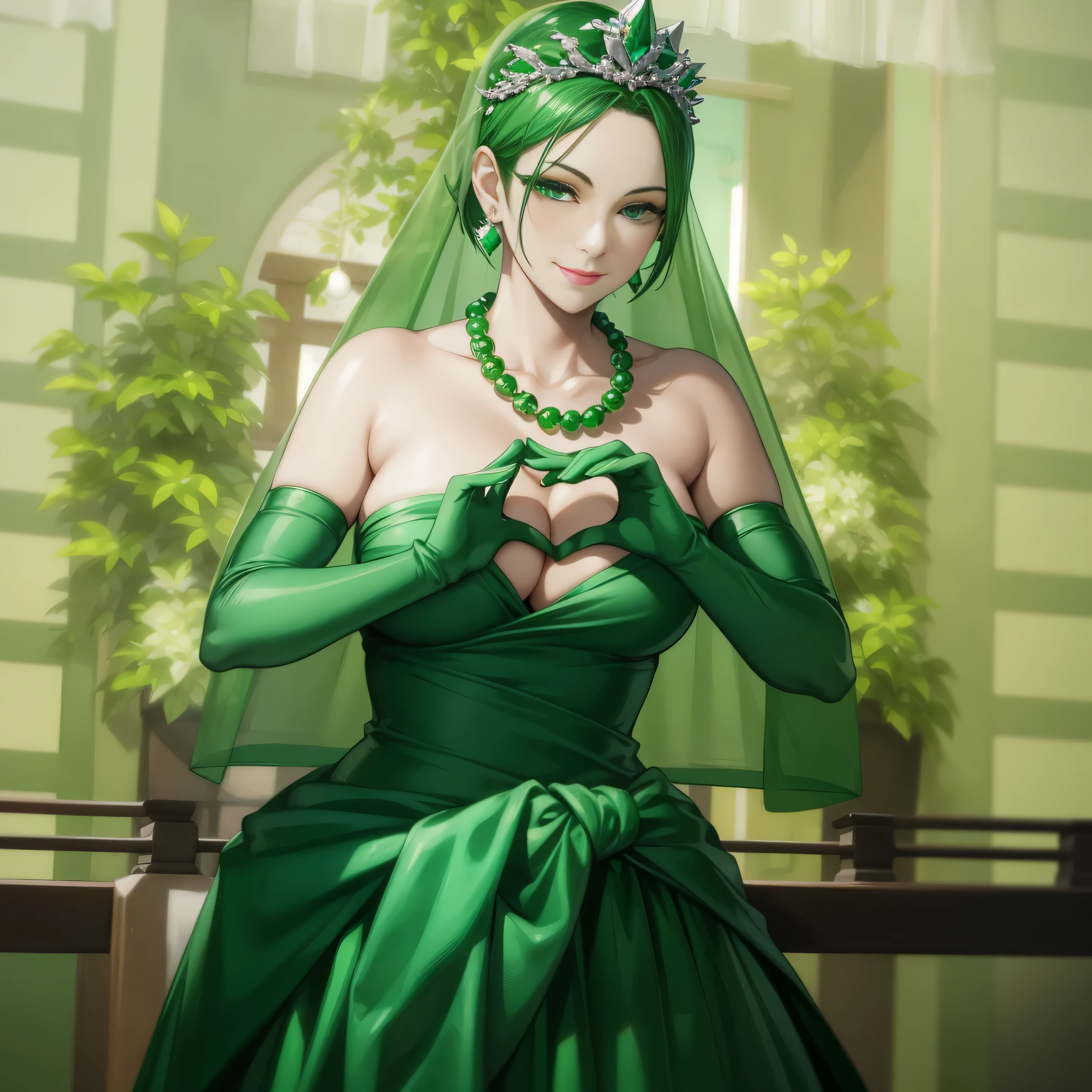 emerald tiara, green pearl necklace, boyish very short green hair, lipstick, smiling Japanese woman, very short hair, big breasts beautiful, green eyes, Long Green Satin Gloves, green eyes, V sign, emerald earrings, green veil, green lip gloss