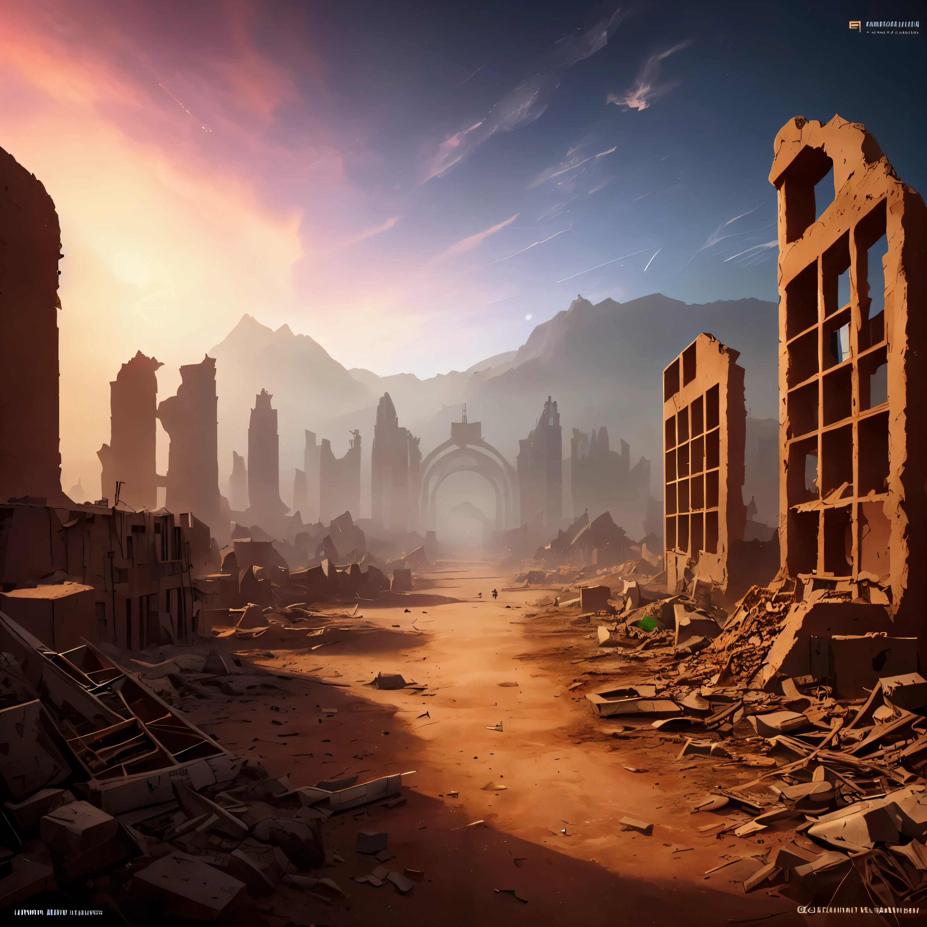 (best quality,peace master),(Super detailed and colorful),
A post-apocalyptic city in ruins,Featuring the ruins of a once great civilization
,perfect composition, best speech, (golden ratio:1.2)
, human development report, dramatic,Cinema lighting, Artstation 上的Hot topic,CG Society'Hot topic, Professional photos,huge details,