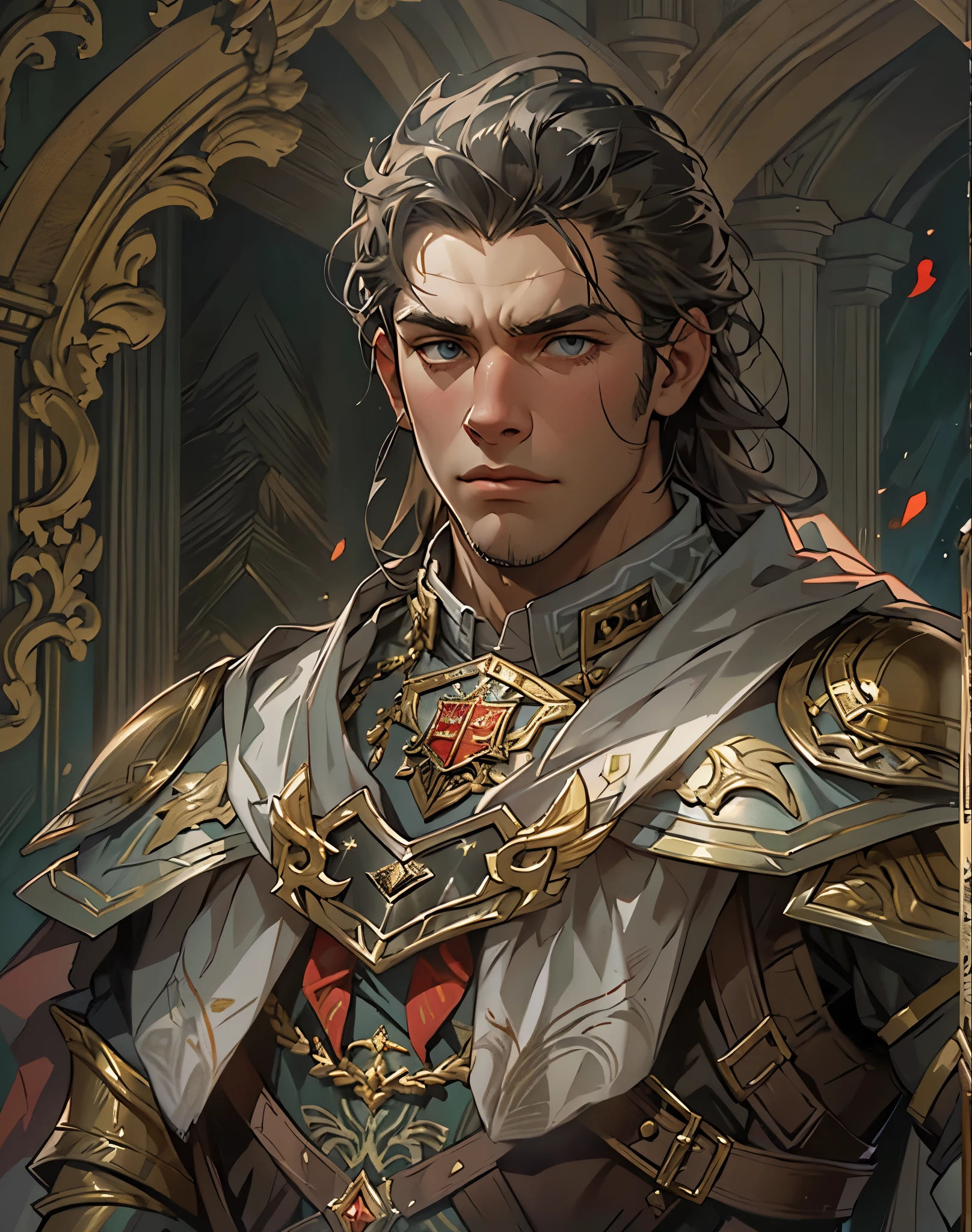 Lord Caius Marcellus, the Master of the Royal Guard and secret lover of Empress Seraphina. He is depicted as a noble and formidable figure, clad in the royal guard's armor, which is both elegant and practical, reflecting his high status and the responsibilities he bears. His armor is adorned with symbols of the Holy Empire of Etreal and personal insignia that signify his personal oath to protect the Empress at all costs. Despite the armor's toughness, there's a gentleness in his eyes, showcasing his good heart and pure intentions. He stands in the royal palace, perhaps near the throne or in a private chamber that hints at his intimate connection with the Empress. His posture is upright, exuding confidence and loyalty, but there's a hint of contemplation, reflecting his inner conflict between duty and morality. The background might subtly include elements that hint at his skills in combat and strategy, such as a finely crafted sword or a strategic map of the empire, Art Styles: high fantasy, Renaissance, Art Inspirations: heroic portraiture, fantasy novel covers, Camera: 50mm, Shot: medium shot, Render Related Information: high resolution, detailed with a focus on the textures of his armor and the softness of his expression, ambient lighting to highlight his noble yet complex character.