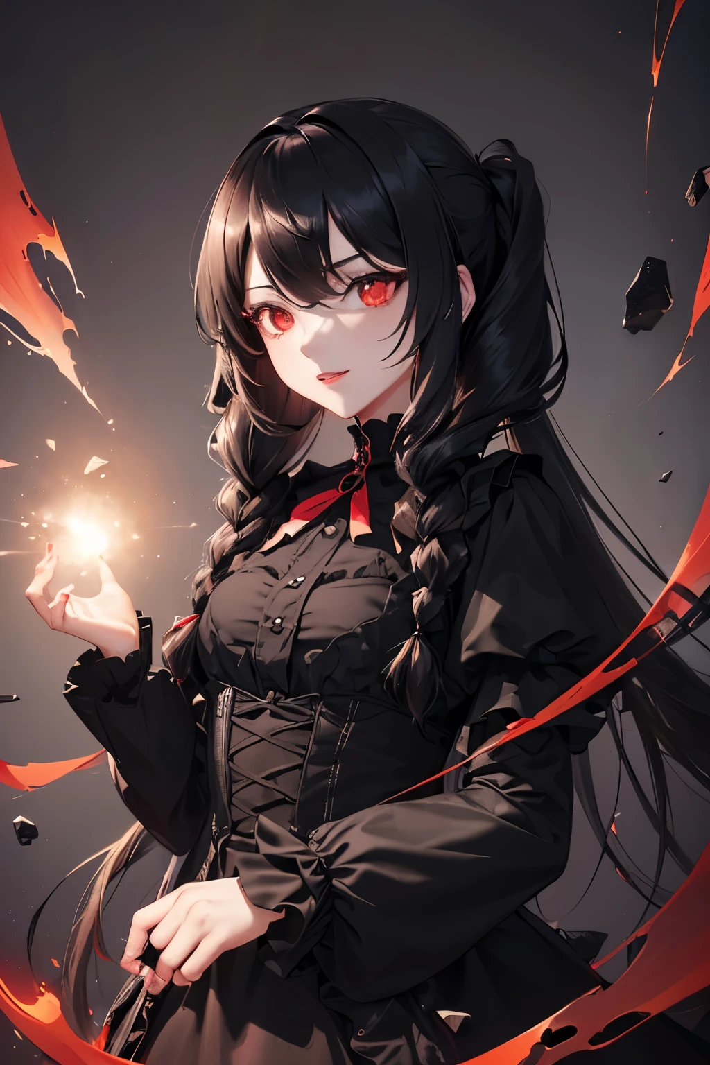 1girl,sense of deps,disorganized,catch light,Super beautiful illustrations,((Countless flying rocks)),((black color,long hairstyles:1.3)),dark dark eyeshadow,(((4K,super beautiful,In detail,red eyes))),bright red lipstick,gothic ta,;D,beautiful and delicate hair,brown shining light effect,brown aura