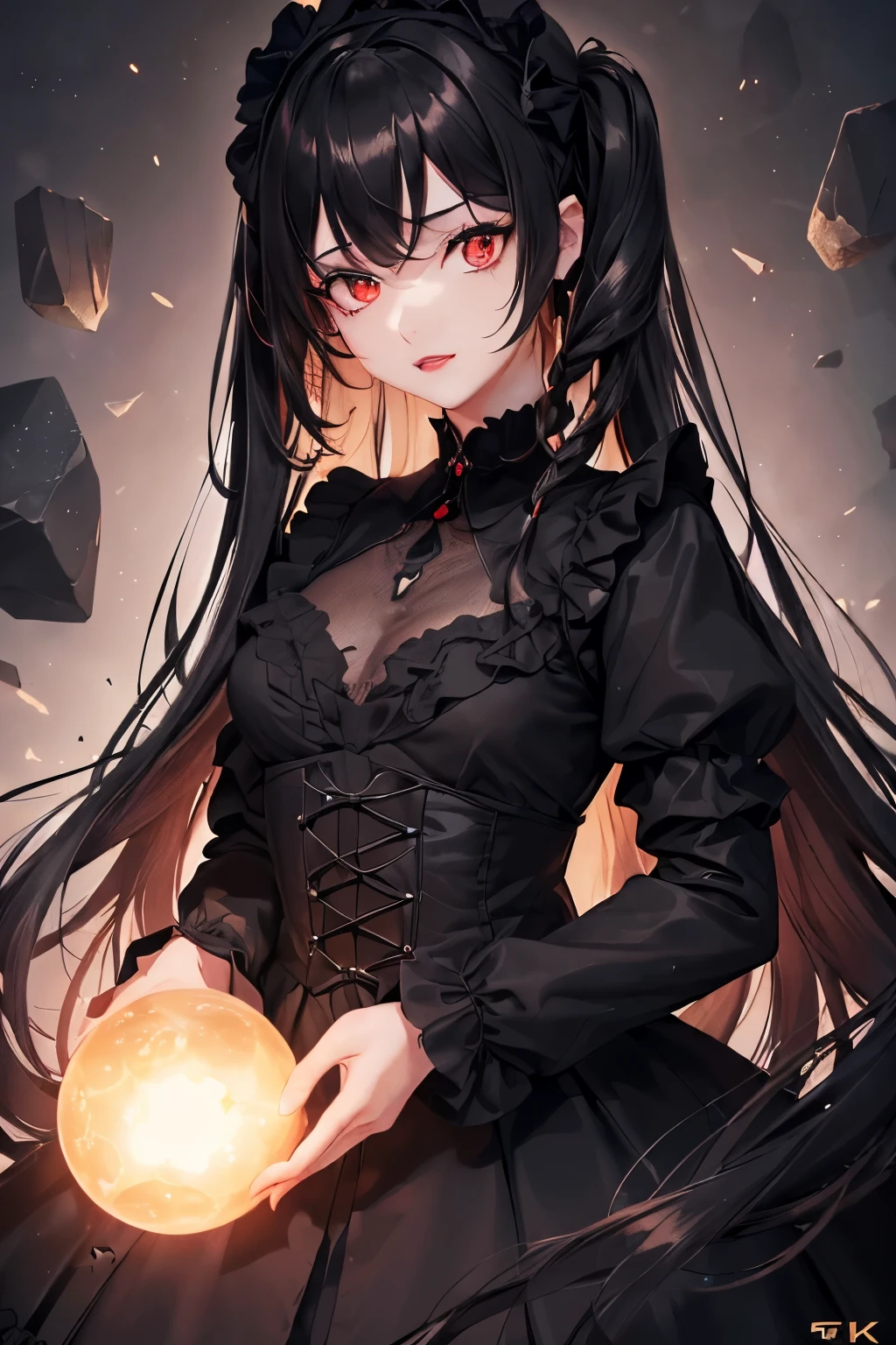 1girl,sense of deps,disorganized,catch light,Super beautiful illustrations,((Countless flying rocks)),((black color,long hairstyles:1.3)),dark dark eyeshadow,(((4K,super beautiful,In detail,red eyes))),bright red lipstick,gothic ta,;D,beautiful and delicate hair,brown shining light effect,brown aura