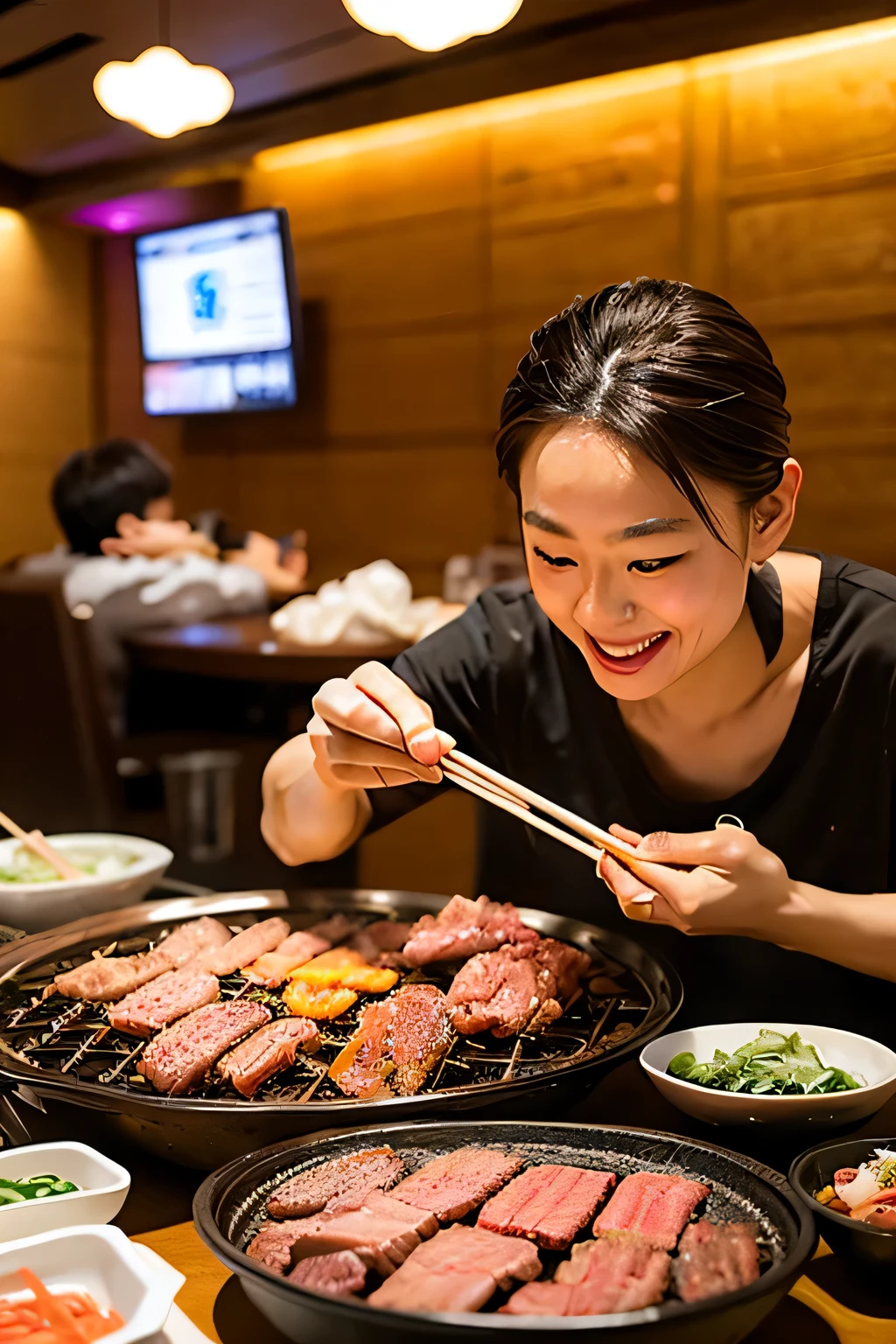 (highest quality,super detailed),realistic,Japanese BBQ restaurant,couple eating barbecue,Beer,BBQ grilled on a grill,Galbi(Korean traditional barbecue food),cow intestine(Beef giblets),heart(Korean traditional barbecue food),Korean style barbecue,scorching hot,Smoky aroma,delicious marinated meat,Bright colors,traditional atmosphere,warm lighting.