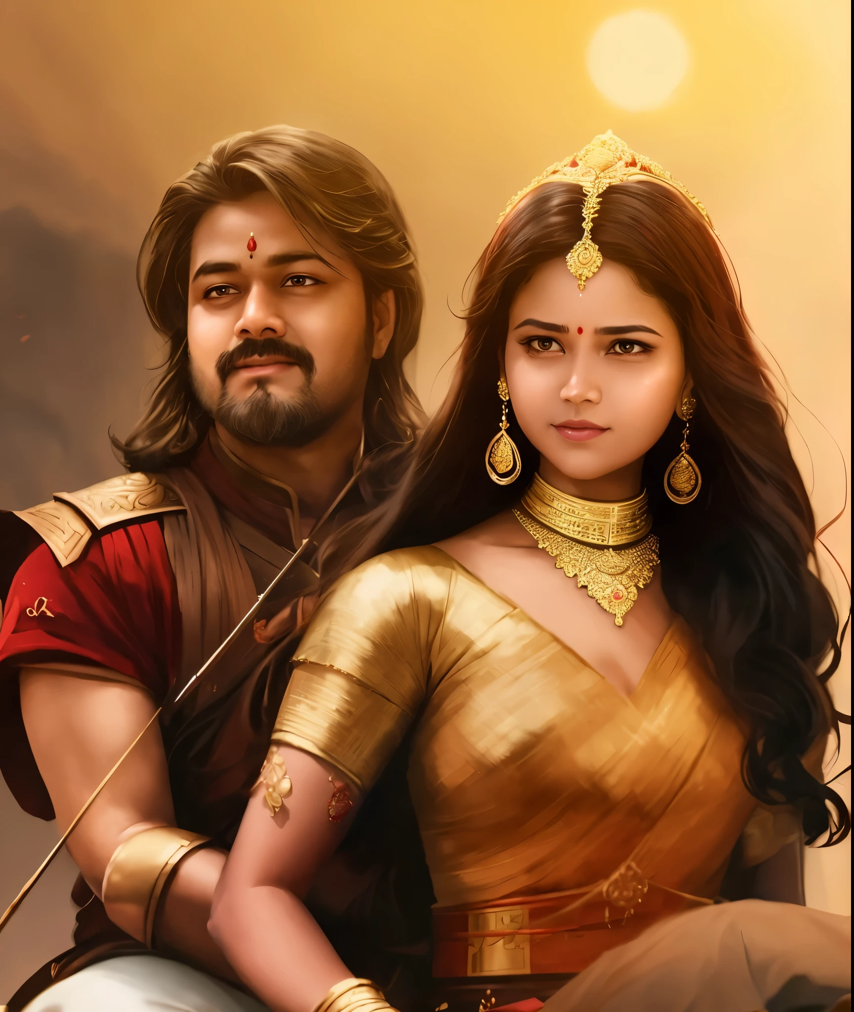 there is a man and woman dressed in gold and red, artgerm and atey ghailan, fan art, sharandula, official fanart, by Thota Vaikuntham, movie promotional image, still from a fantasy movie, fanart, inspired by Thota Vaikuntham, cg artist, movie stills photography, detailed fanart, art cover illustration, rendering