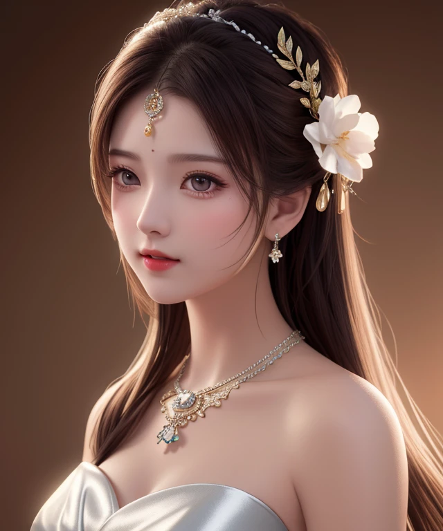 Best quality, masterpiece, high resolution, 1girl, porcelain dress, hair accessories, necklace, jewelry, beautiful face, on the body, Tyndall effect, realistic, dark studio, edge lighting, two-tone lighting, (high detail skin: 1.2), 8k UHD, dslr, soft light, high quality, volumetric light, candid, photo, high resolution, 4k, 8k, background blur,