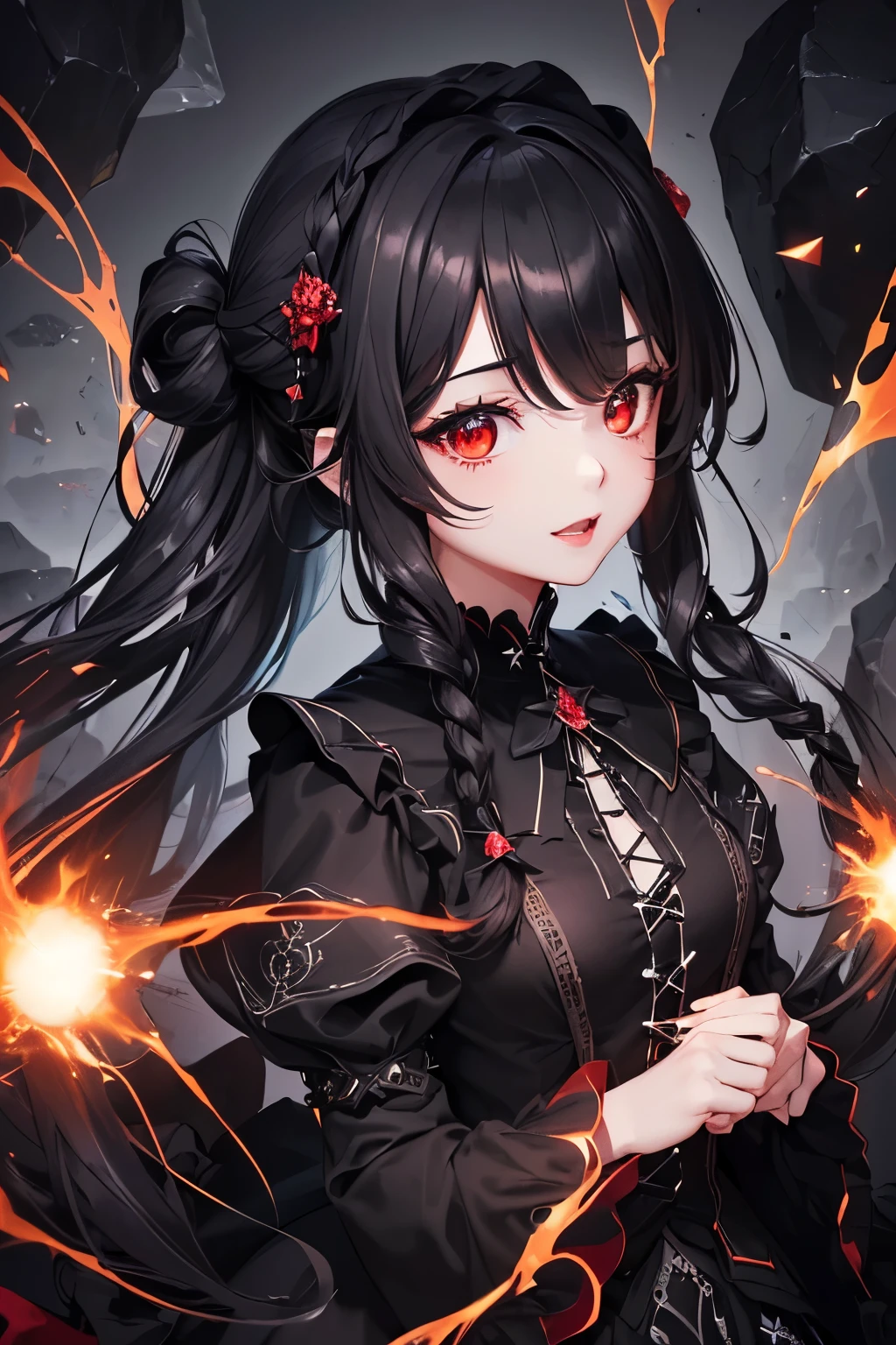 1girl,sense of deps,disorganized,catch light,Super beautiful illustrations,((Countless flying rocks)),((black color,long hairstyles:1.3)),dark dark eyeshadow,(((4K,super beautiful,In detail,red eyes))),bright red lipstick,gothic ta,;D,beautiful and delicate hair,brown shining light effect,brown aura