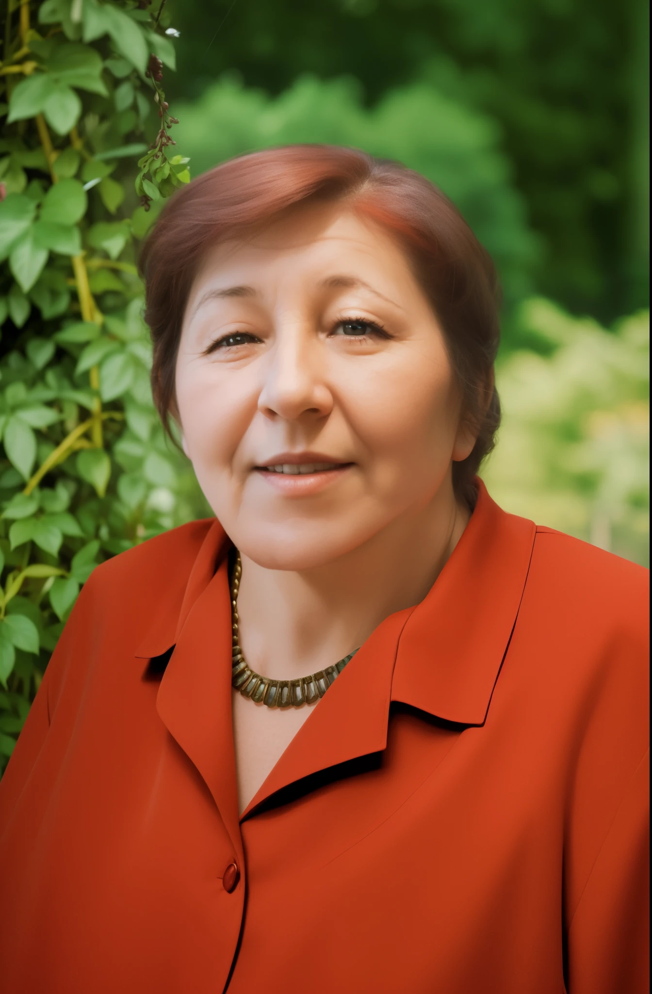 Portrait of a Woman, portrait женщины в красном на фоне листвы, beautiful photo, realism, super quality,aged woman, in a red outfit, in the park, To the streets, portrait
