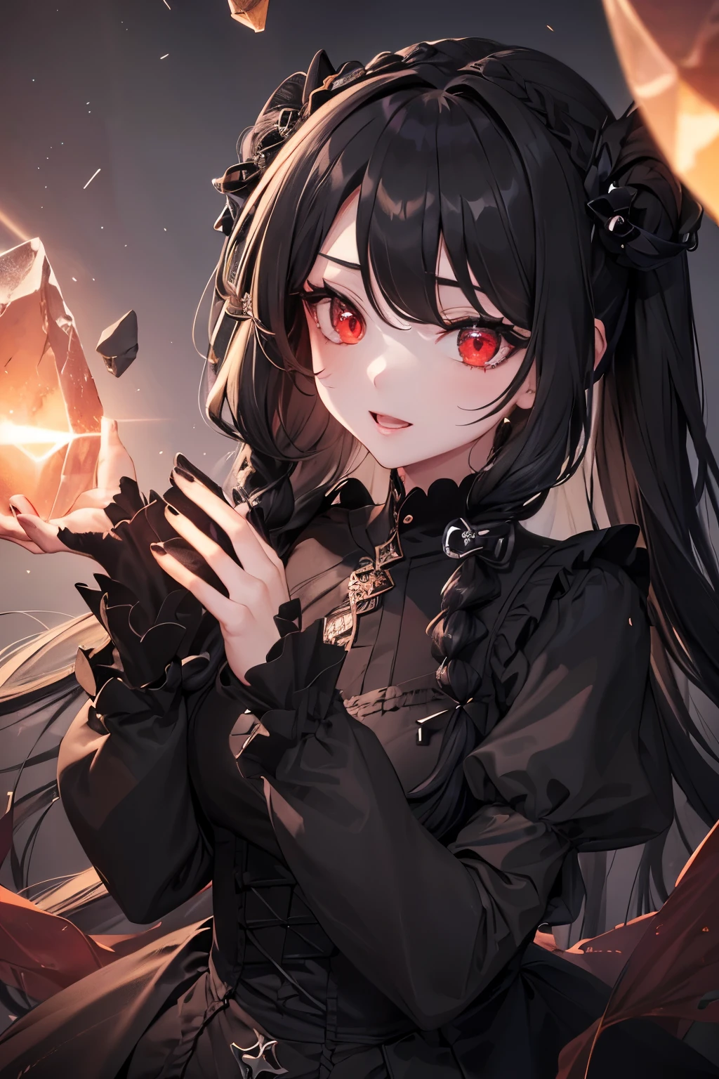 1girl,sense of deps,disorganized,catch light,Super beautiful illustrations,((Countless flying rocks)),((black color,long hairstyles:1.3)),dark dark eyeshadow,(((4K,super beautiful,In detail,red eyes))),bright red lipstick,gothic ta,;D,beautiful and delicate hair,emphasize the chest,brown shining light effect,brown aura