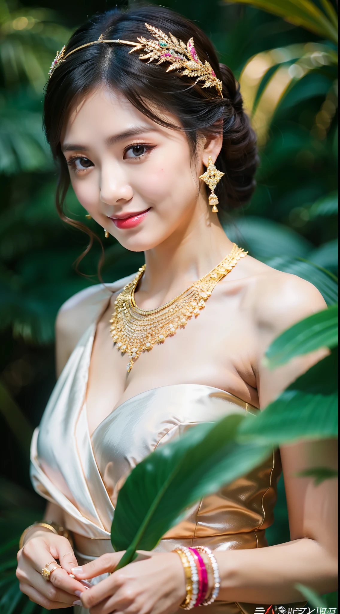 (8k resolution,Take the whole body),(alone ,20 years old,(Thai Min's face:1.8,Thin skeletal cheeks,delicate face),with a detailed face,Cute face,with a detailed face,detailed face,Very detailed makeup,black eyes,(looking at camera),ผมยาวredเข้ม,(Messy hair layer),Red lipstick,Smooth white skin,(Best Skin Types:1.21),big breasts,((Traditional Thai women's clothing,Delicate shawl strap,Elegant long women's dress),A small amount of flower hair clips,Luxury necklaces and bracelets),High and High,perfect hand,Ultra-fine clothing materials),(party,party,Tropical trees,Beautiful environmental details),(to exhilate,Smile confidently.,rejoice,proximity),(professional lighting,dynamic light),((Strong color contrast,Noble and sexy,elegant(gold color,red,pink))),(ส่วนgold color,Dynamic images,Hasselblad photos,Masterpiece:1.3),(Noble emotions,mysterious,fashion ab,Trend setting,The artist,Art Platform)