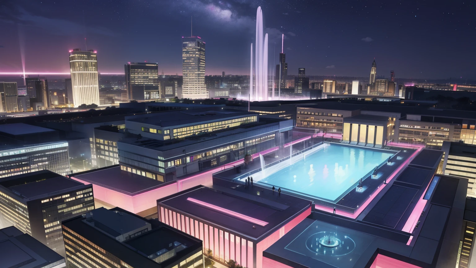 Large park with fountain, big multi-story modern building, big modern building, several signs, (night), (very pink night sky)