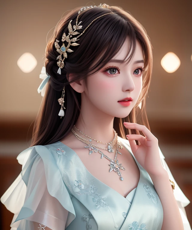 Best quality, masterpiece, high resolution, 1girl, porcelain dress, hair accessories, necklace, jewelry, beautiful face, on the body, Tyndall effect, realistic, dark studio, edge lighting, two-tone lighting, (high detail skin: 1.2), 8k UHD, dslr, soft light, high quality, volumetric light, candid, photo, high resolution, 4k, 8k, background blur,