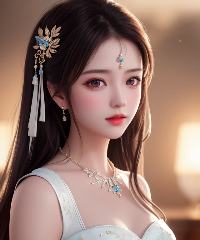Best quality, masterpiece, high resolution, 1girl, porcelain dress, hair accessories, necklace, jewelry, beautiful face, on the body, Tyndall effect, realistic, dark studio, edge lighting, two-tone lighting, (high detail skin: 1.2), 8k UHD, dslr, soft light, high quality, volumetric light, candid, photo, high resolution, 4k, 8k, background blur,