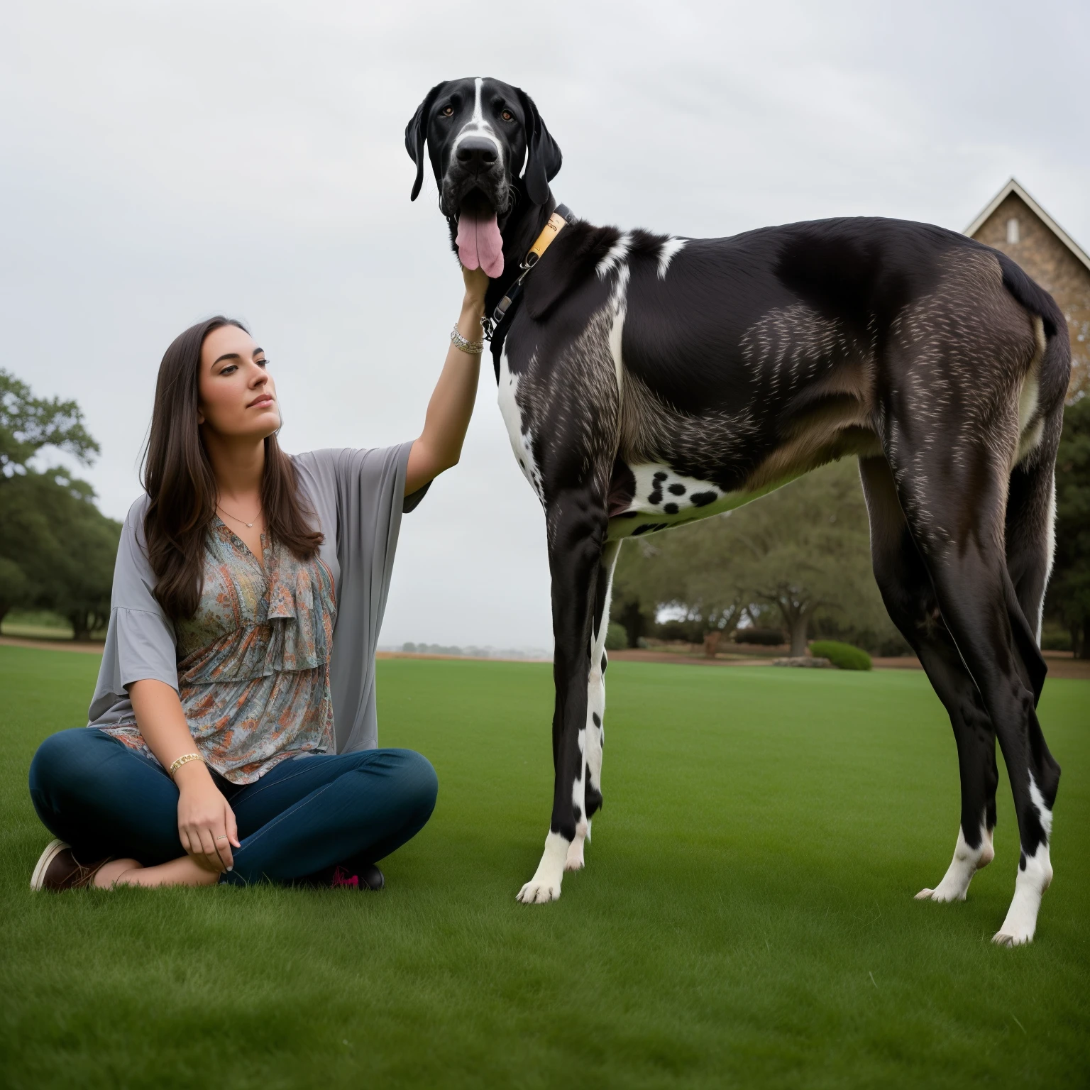 araffe sitting on the grass with a woman big Grate Dane dog, posed, wide portrait, portrait shot, large portrait, photo taken with provia, mega-detailed, jenna barton, accurately portrayed, beautiful surroundings, by Meredith Dillman, far - mid shot, portrait of a big, a portrait, portrait photo, advertising photo, spot lit, a huge