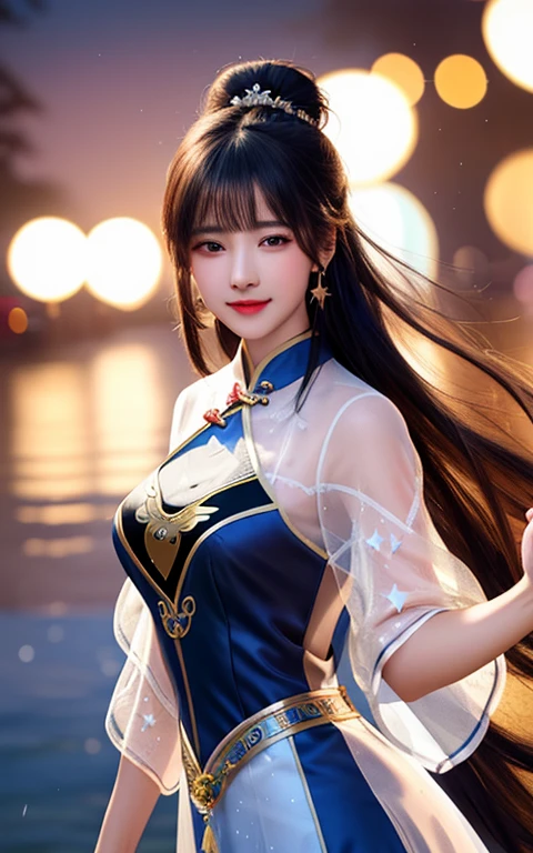 best quality,masterpiece,highres,cg,
1girl,(seductive smile:0.8),long hair,star-shaped pupils,cheongsam,dress,water,solo,jewelry,white dress,earrings,hair ornament,splashing,upper body,hair bun,black hair,
lighting,candid,Photograph,high resolution,4k,8k,Bokeh,