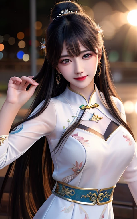 Realistic, textured skin, {best quality}, {highres}, beautiful and charming girl, 25 years old, focused, mature and delicate face, slender and charming figure, delicate and charming collarbone, shoulder-length messy hair, black hair , lively and big eyes, peach blossom single, (pale yellow dress), standing on the roof, leaning on the railing to see the distant city, {wet}, {annoyed}, simple background