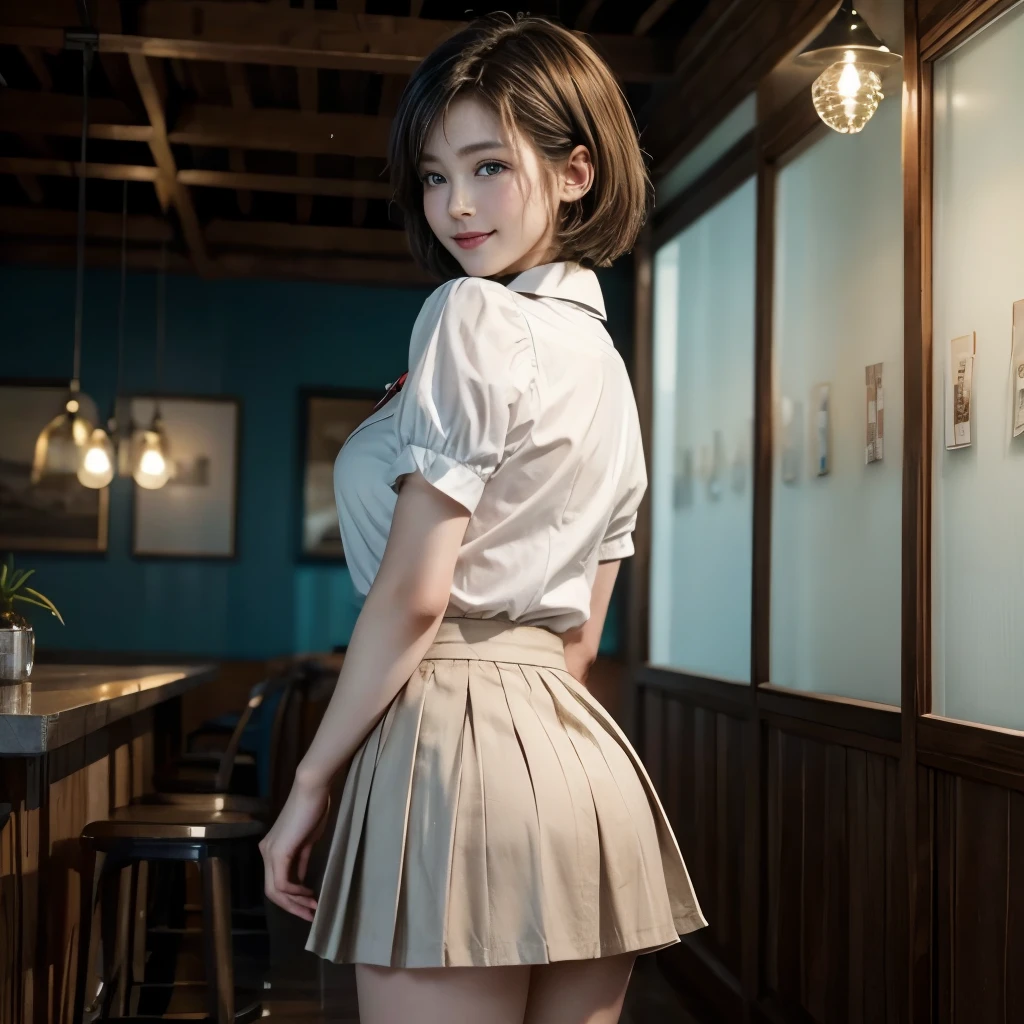 8K, highest quality, masterpiece:1.2), (software:1.3), (realistic, photo-realistic:1.37), super detailed, 1 girl,cute, full body shot、alone,beautiful and detailed sky,Detailed cafe,shot from behind、、Shooting from bottom to top、date,(blush your nose),(smile:1.1),(closed mouth) huge breasts,beautiful and fine eyes,(collared shirt:1.1), bow tie,pleated skirt,(short hair:1.2),floating hair