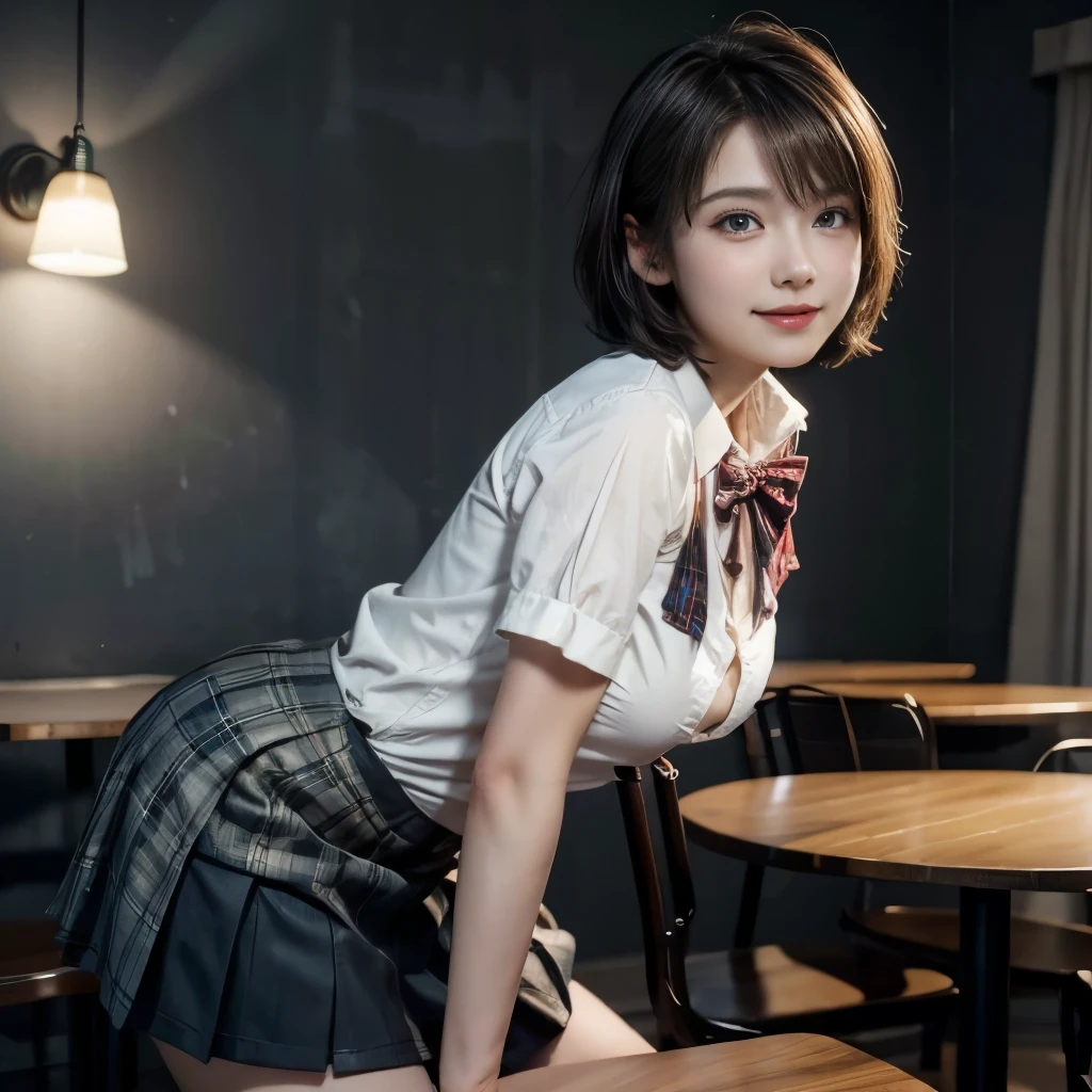 8K, highest quality, masterpiece:1.2), (software:1.3), (realistic, photo-realistic:1.37), super detailed, 1 girl,cute, full body shot、alone,beautiful and detailed sky,Detailed cafe,shot from behind、、Shooting from bottom to top、date,(blush your nose),(smile:1.1),(closed mouth) huge breasts,beautiful and fine eyes,(collared shirt:1.1), bow tie,pleated skirt,(short hair:1.2),floating hair