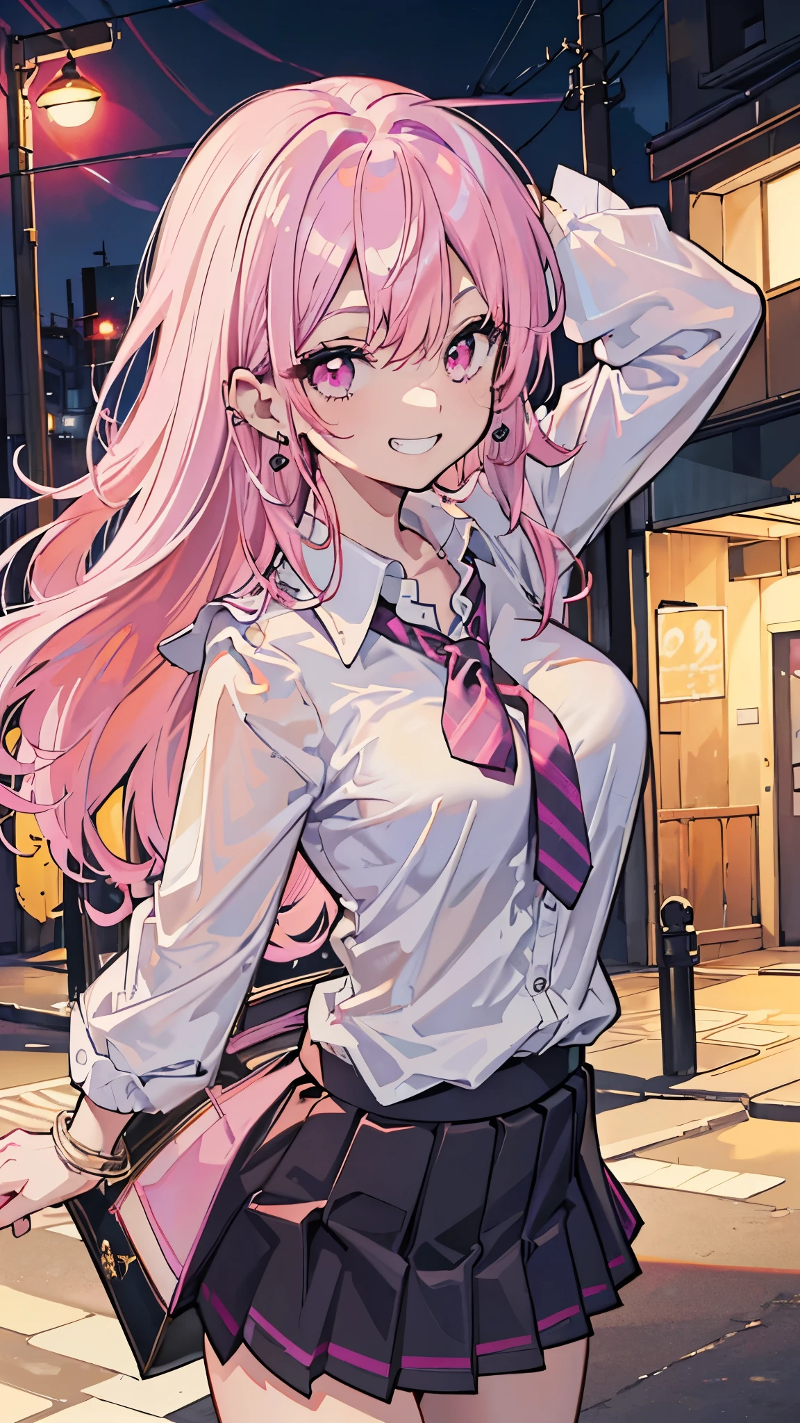 (8K、best image quality、highest quality、masterpiece)、detailed face、1 girl、gyaru、pink hair、medium hair、wavy hair、Pink eyes、earrings、evil smile、((grin))、big breasts、((white collared shirt))、((open clothes))、((black pleated skirt))、((miniskirt))、cowboy shot、Back alley background at night
