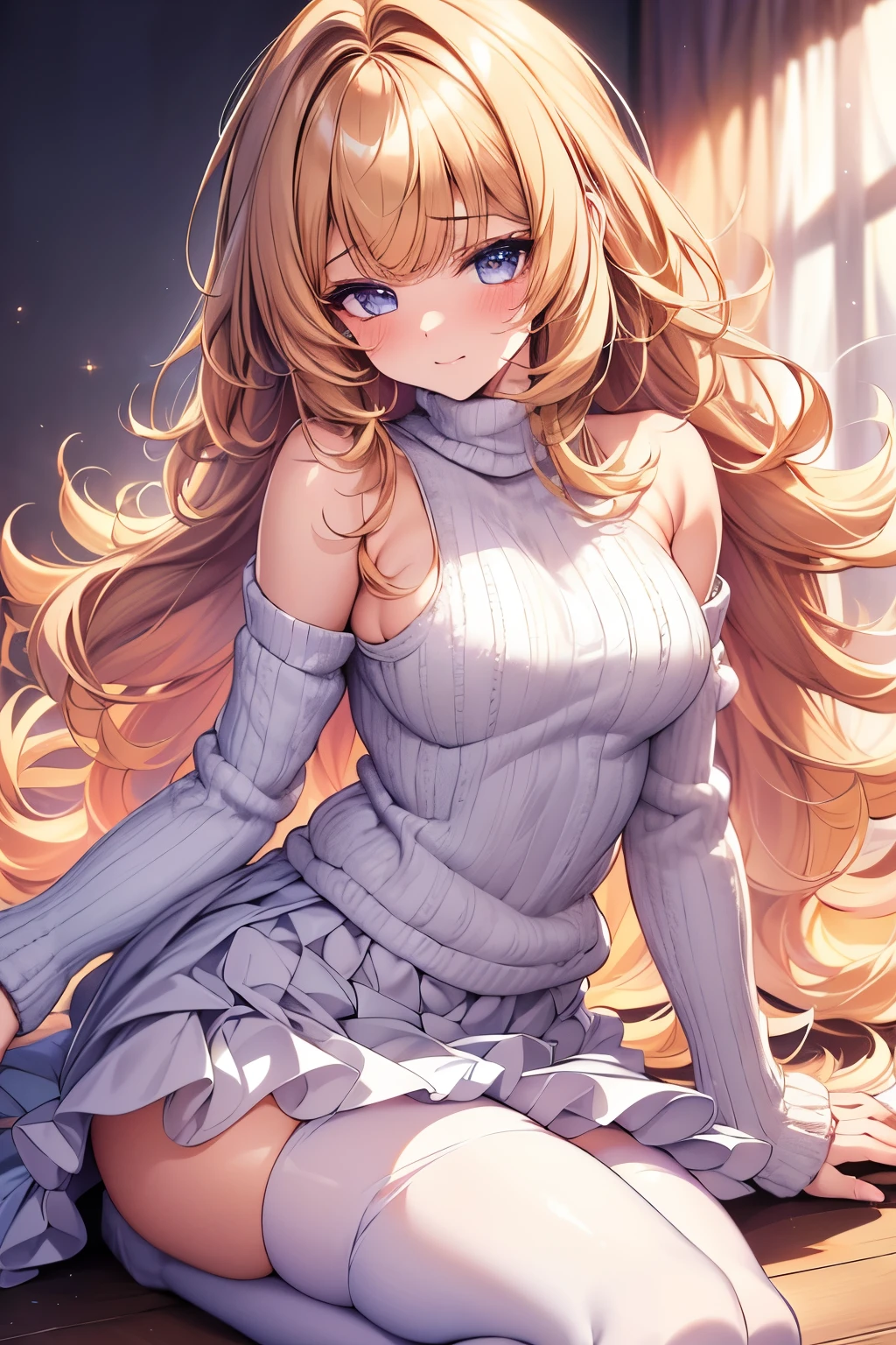best quality, 32k, RAW photo, incredibly absurdres, extremely detailed, delicate texture, cute woman, (glossy light brown fluffy flowing layered side blow bangs medium hairstyle), wearing fluffy long-pile knit sweater, fluffy skirt, skirt lift, pantyhose, fluffy long boots, amorous and lewd expression, superlative body proportion, (background iridescent pastel color:1.1)