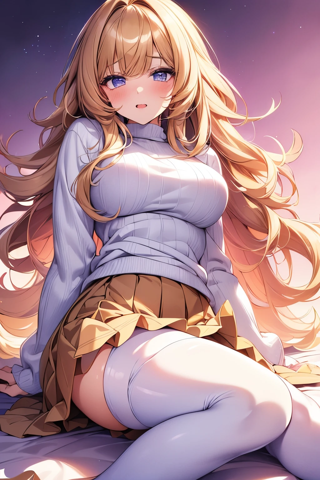 best quality, 32k, RAW photo, incredibly absurdres, extremely detailed, delicate texture, cute woman, (glossy light brown fluffy flowing layered side blow bangs medium hairstyle), wearing fluffy long-pile knit sweater, fluffy skirt, skirt lift, pantyhose, fluffy long boots, amorous and lewd expression, superlative body proportion, (background iridescent pastel color:1.1)