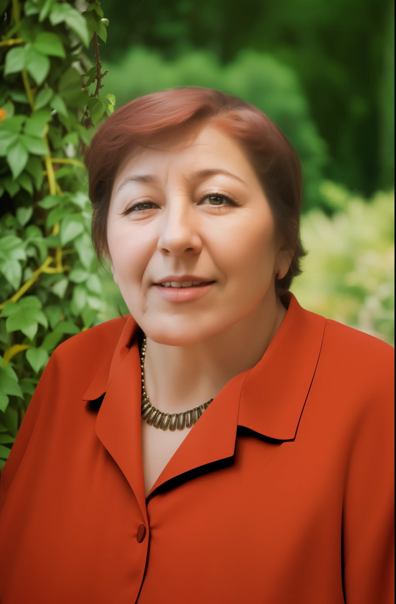 Portrait of a Woman, portrait женщины в красном на фоне листвы, beautiful photo, realism, super quality,aged woman, in a red outfit, in the park, To the streets, portrait