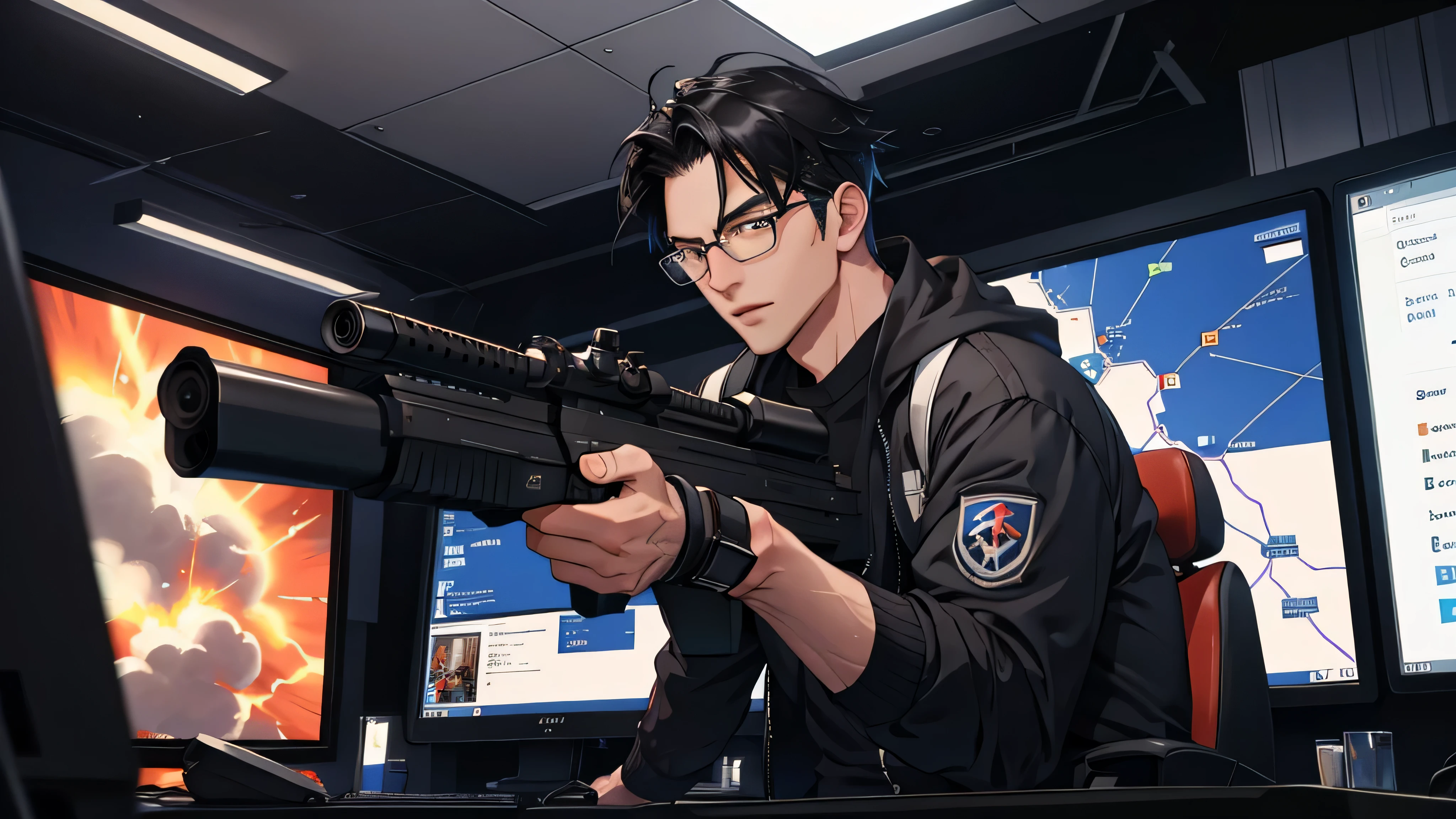 faded black hair, wearing glasses, looking nerdy, pro gamer, in a battlefield playing game on PC, shooting and bombs flying in the background