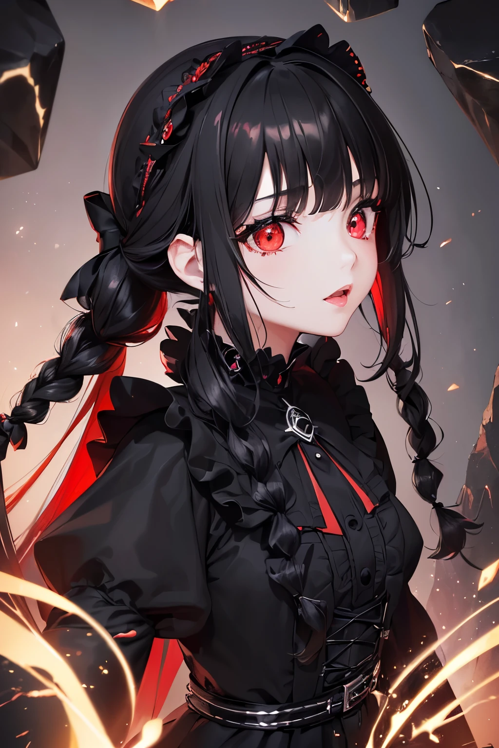 1girl,sense of deps,disorganized,catch light,Super beautiful illustrations,((Countless flying rocks)),((black color,long hairstyles:1.3)),dark dark eyeshadow,(((4K,super beautiful,In detail,red eyes))),bright red lipstick,gothic ta,;D,beautiful and delicate hair,brown shining light effect,brown aura