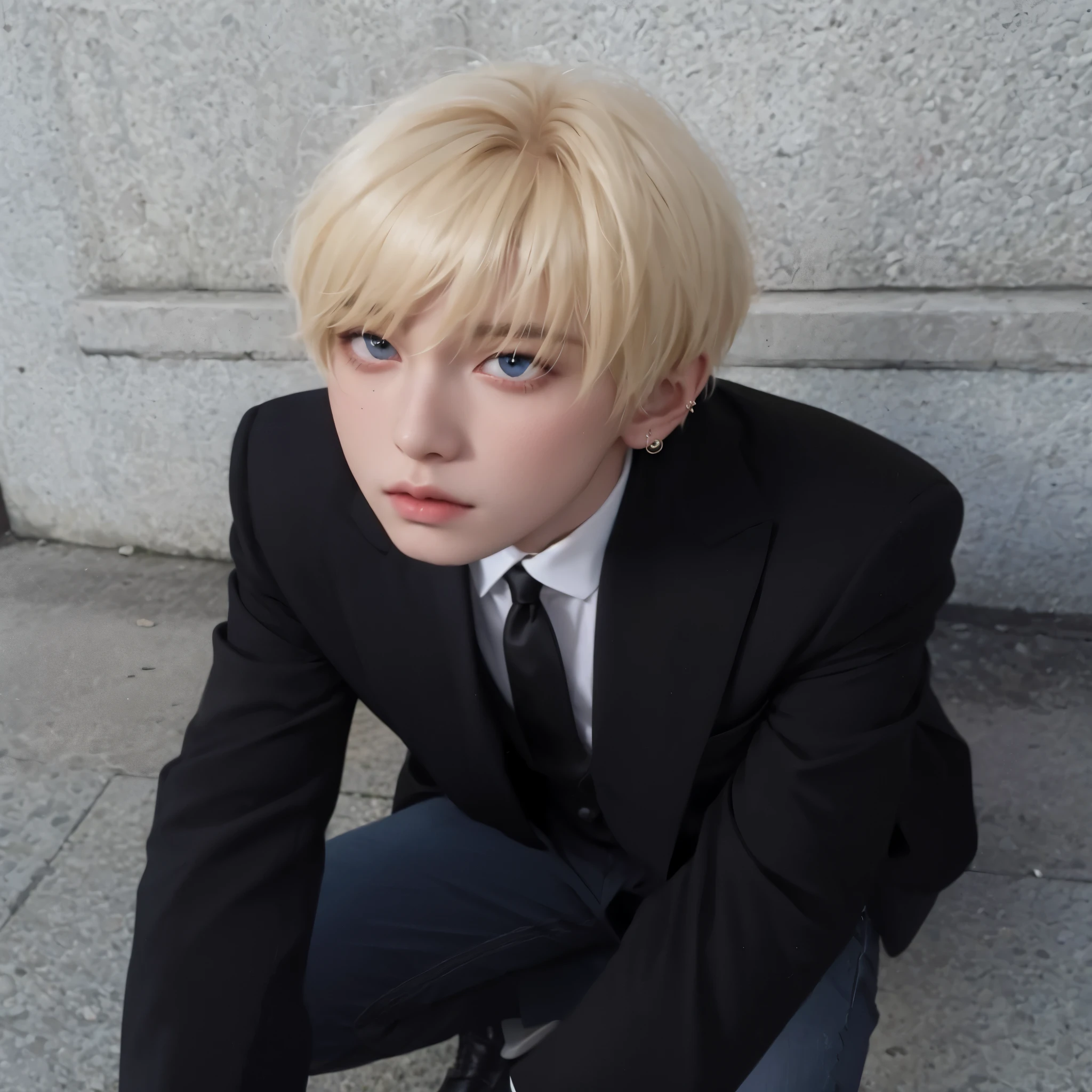 Blonde boy in a suit and tie sitting on a stone step., kim doyoung, hyung tae, cai xukun, taken in the early 2020s, hong junio hyung, TaeJune Kim, foto de perfil, Jung Jaehyun, con el pelo largo y blanco, parque jimin, jossi de blackpink, pintar ulzzang, Jinyoung Shin, realista, rostro perfecto, cute, ojos azules y cabello rubio, perfection, angelical, mirada hermosa