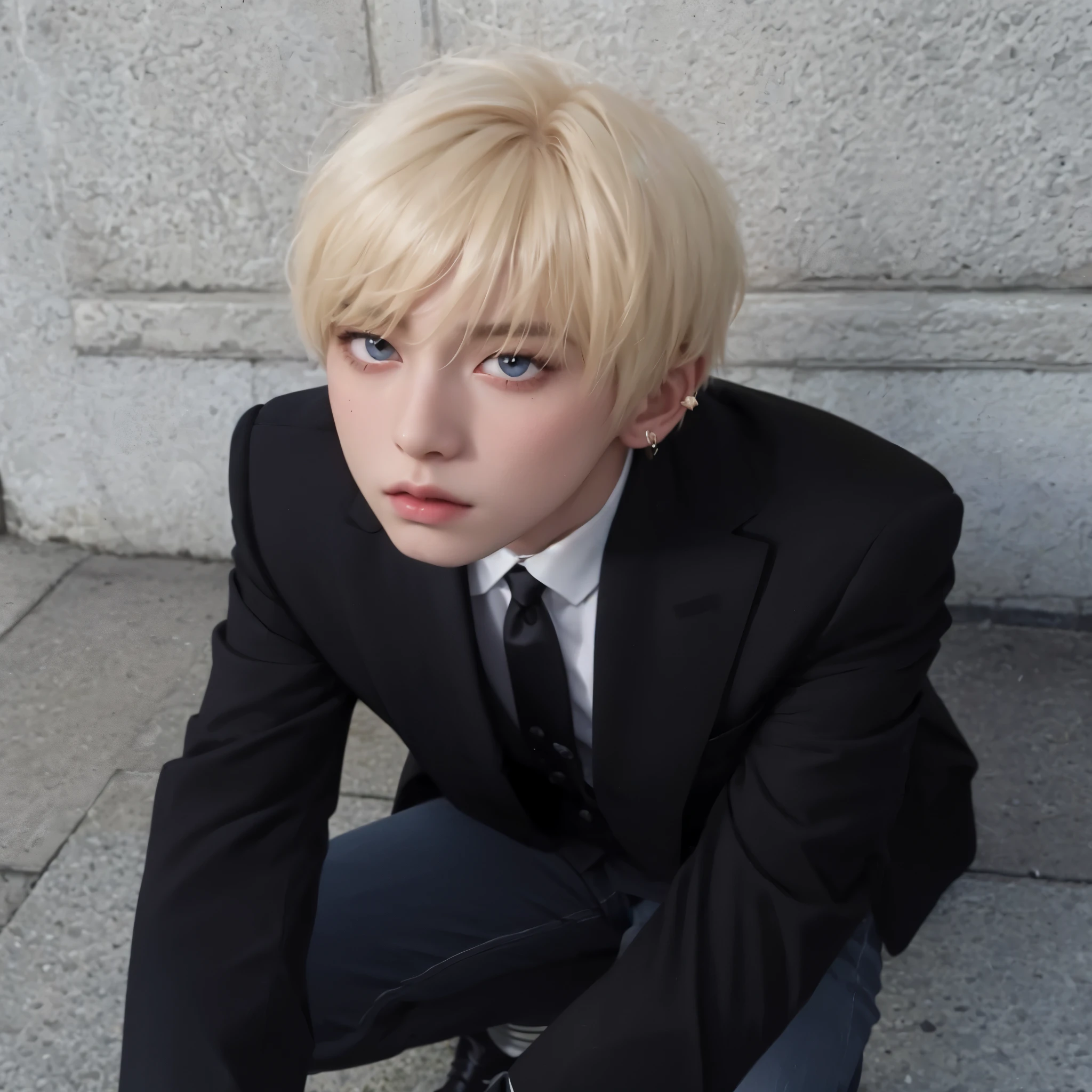 Blonde boy in a suit and tie sitting on a stone step., kim doyoung, hyung tae, cai xukun, taken in the early 2020s, hong junio hyung, TaeJune Kim, foto de perfil, Jung Jaehyun, con el pelo largo y blanco, parque jimin, jossi de blackpink, pintar ulzzang, Jinyoung Shin, realista, rostro perfecto, cute, ojos azules y cabello rubio, perfection, angelical, mirada hermosa