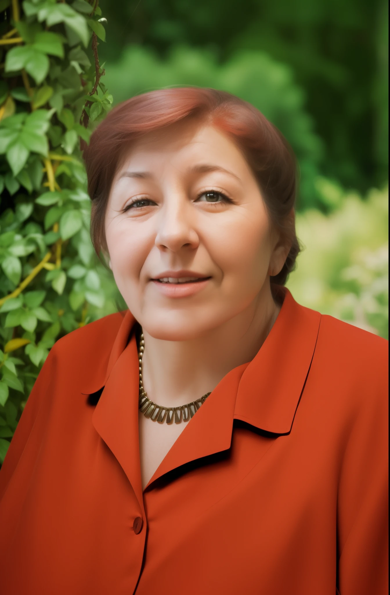 Portrait of a Woman, portrait женщины в красном на фоне листвы, beautiful photo, realism, super quality,aged woman, in a red outfit, in the park, To the streets, portrait 
