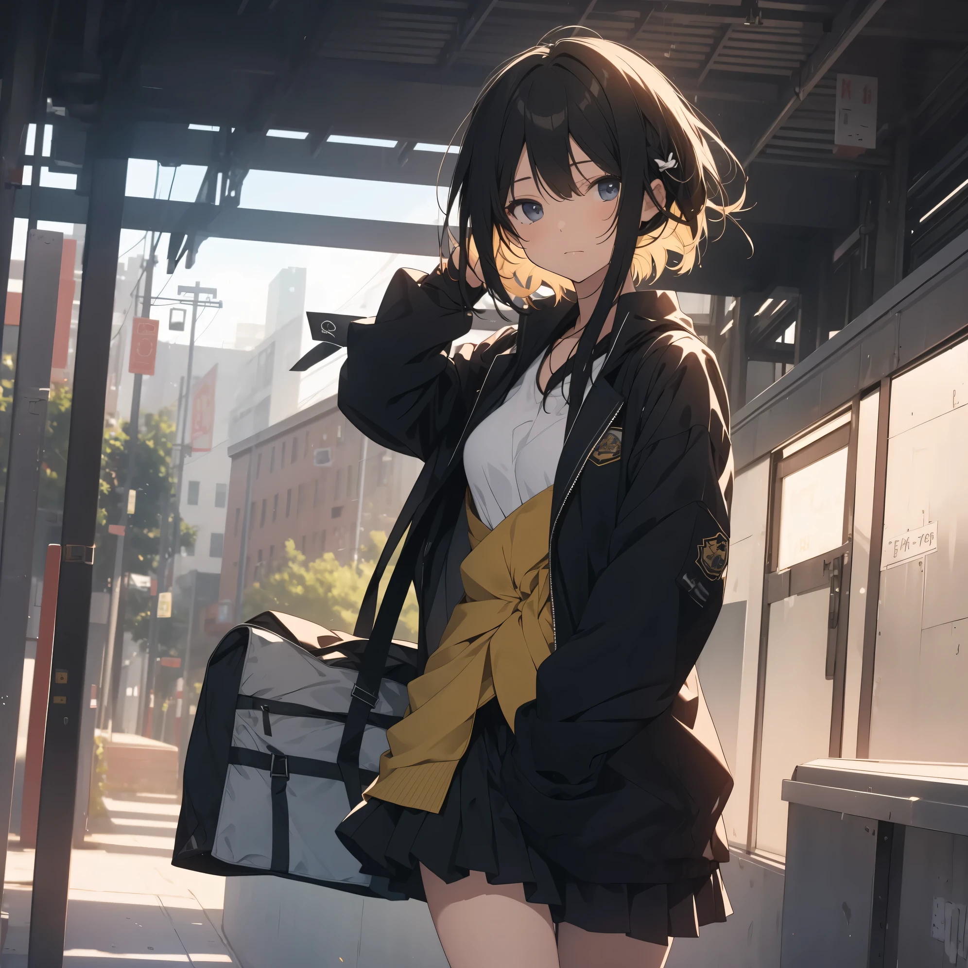 Super high quality by the art god, super detailed, High resolution, anime moe art style, best anime 8K konachan wallpaper, pixiv contest winner, perfect anatomy, break,(眠そうにalone学校へ行く女の子を描いてください. )break, 1 girl, (alone,little woman, , 13 years old:1.3),All limbs, full finger,, The charm of an immature body, (very short hair), flat chest, small ass, between legs, Small black eyes, beautiful and fine eyes, Well-proportioned iris and pupils, expressive eyes, High resolutionの詳細な髪, ribbon, skirt, collared shirt, neck ribbon, pleated skirt, school uniform, shirt, white shirt, (detailed lighting), (detailed background), On the way to school. break,super dense skin, Best lighting by famous artists, 8K, figure,UHD, rough skin