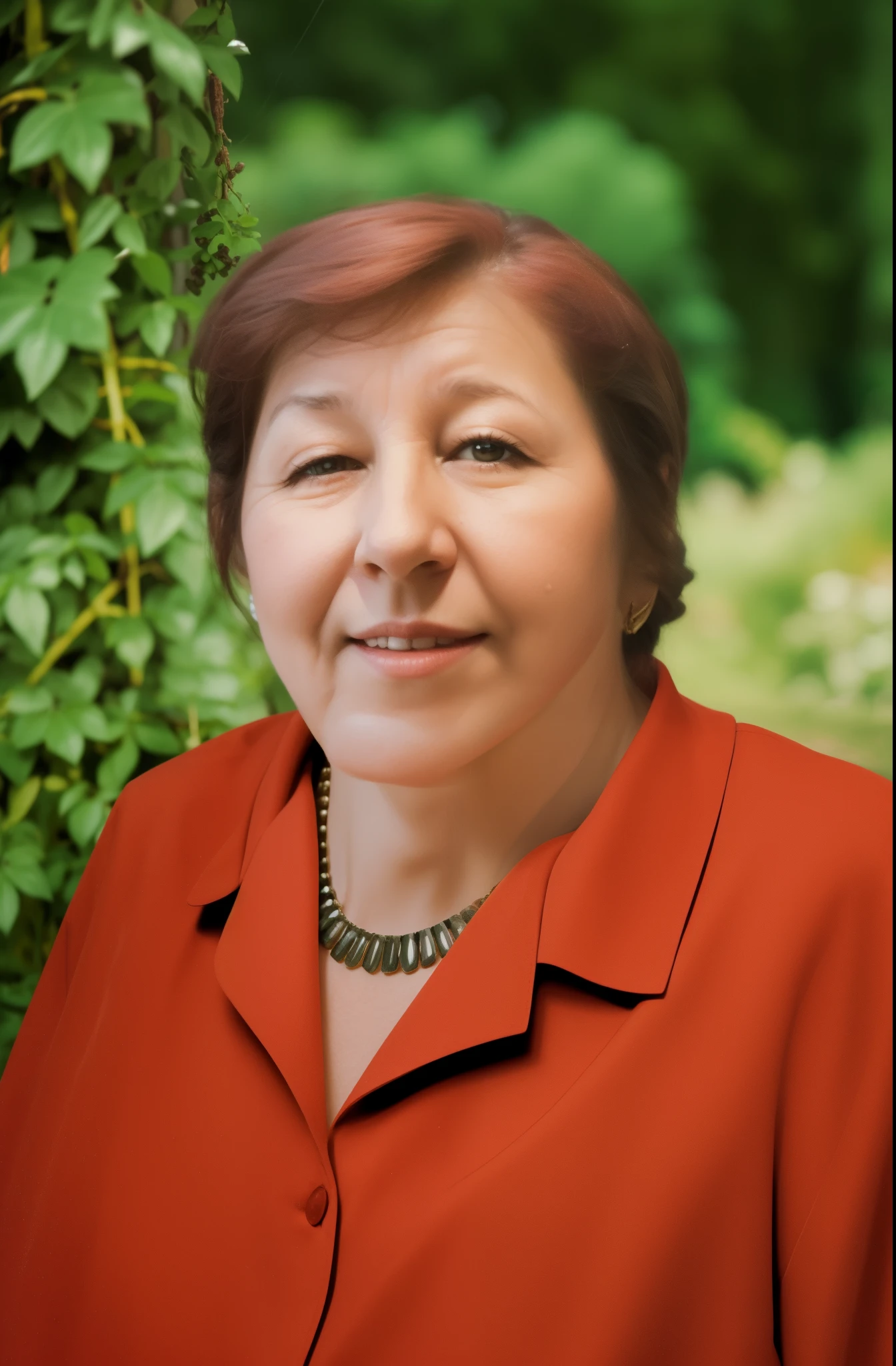 Portrait of a Woman, portrait женщины в красном на фоне листвы, beautiful photo, realism, super quality,aged woman, in a red outfit, in the park, To the streets, portrait 