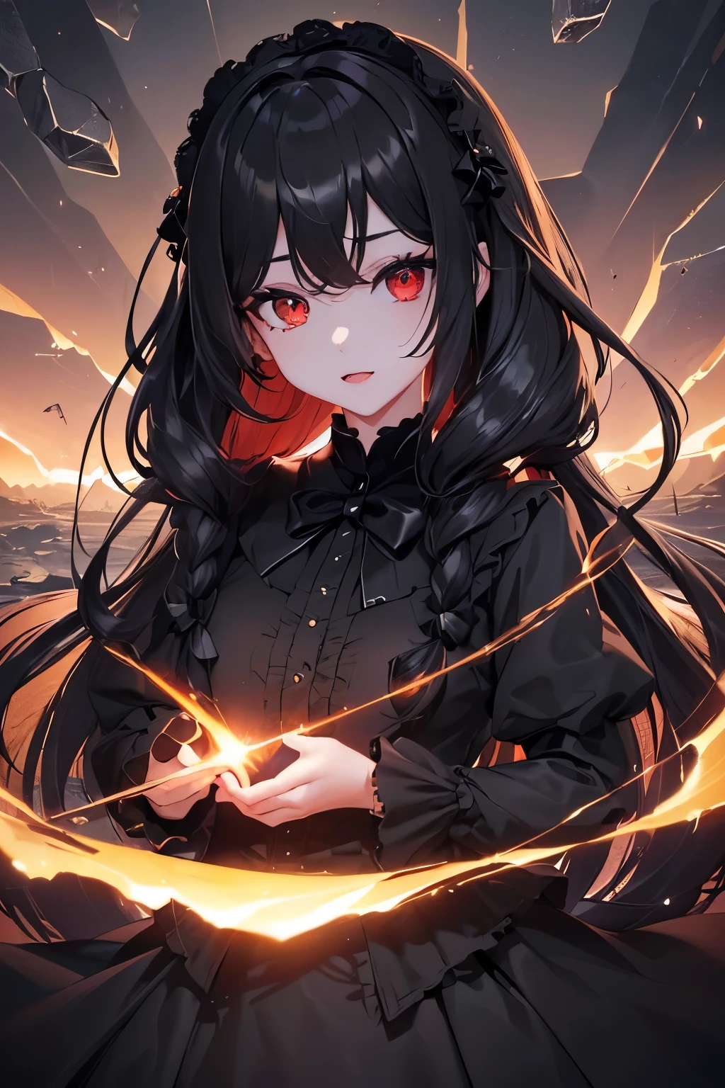 1girl,sense of deps,disorganized,catch light,Super beautiful illustrations,((Countless flying rocks)),((black color,long hairstyles:1.3)),dark dark eyeshadow,(((4K,super beautiful,In detail,red eyes))),bright red lipstick,gothic lolita,;D,beautiful and delicate hair,brown shining light effect,brown aura