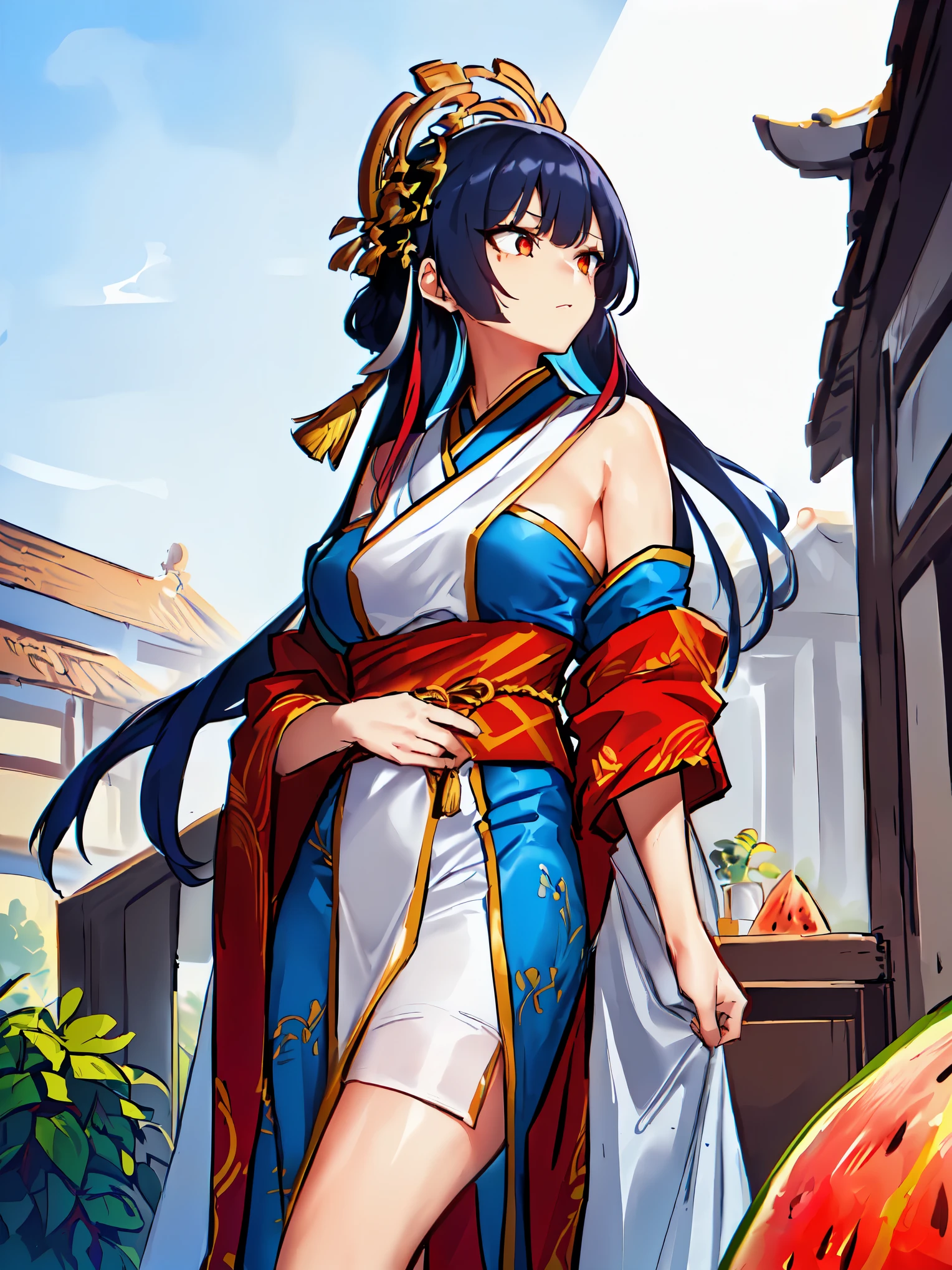 (((Ultra-HD-quality-details, relaxed))) emphasized-details:2, (((1girl-is-wearing-traditional-asian-costume-"Shiwarai"))), dangerous-physique, (((royal-blue-hair-having-white-streaked-hair))), melon22