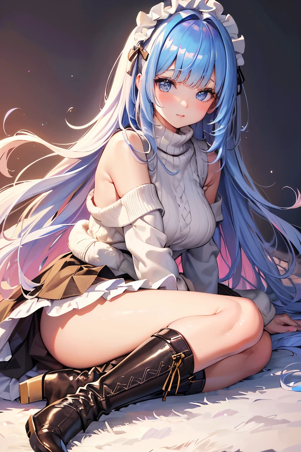 best quality, 32k, RAW photo, incredibly absurdres, extremely detailed, delicate texture, cute woman, (glossy light brown fluffy flowing layered side blow bangs medium hairstyle), wearing fluffy long-pile knit sweater, fluffy skirt, skirt lift, stocking, fluffy long boots, amorous and lewd expression, superlative body proportion, (background iridescent pastel color:1.2)