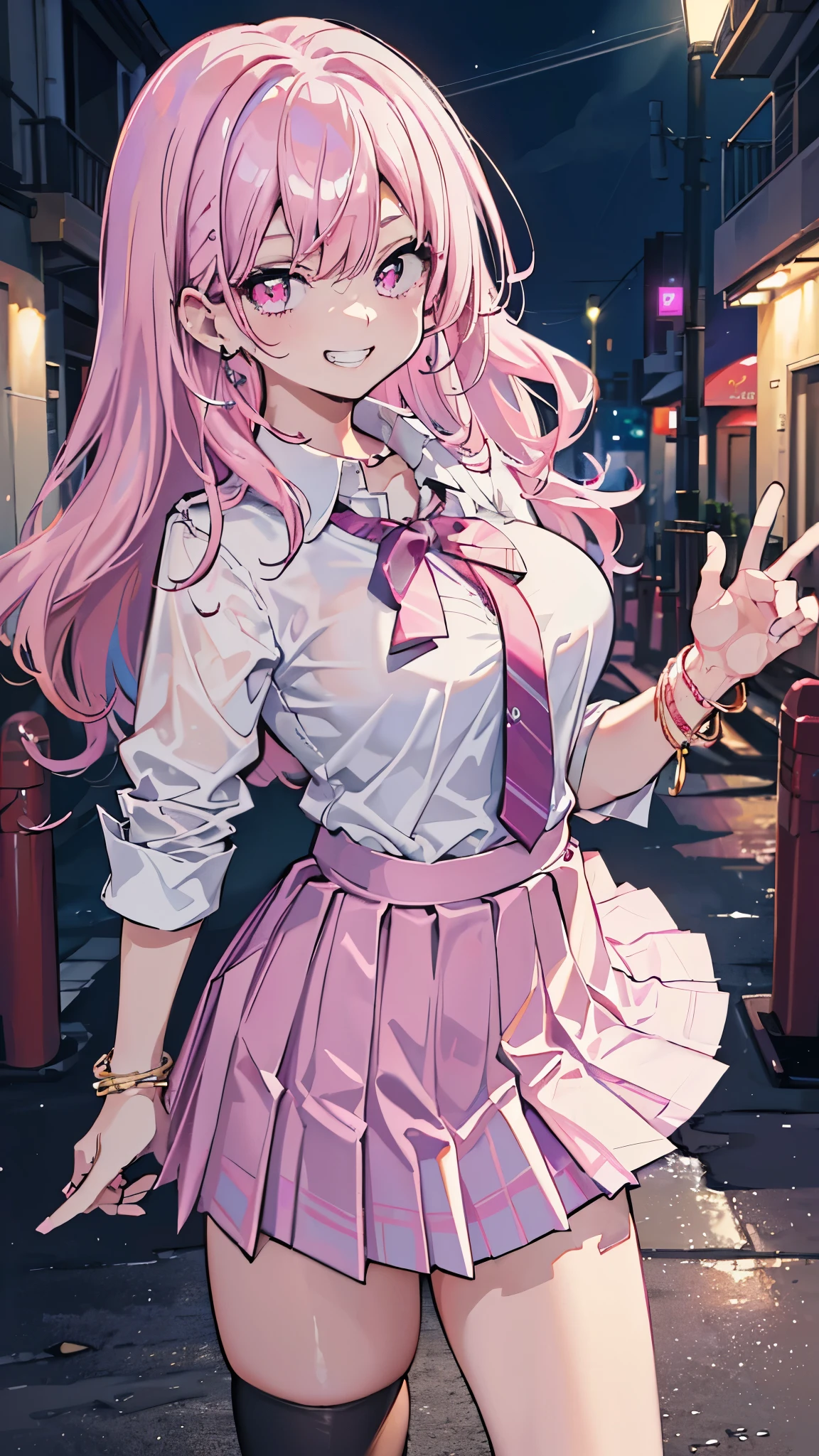 (8K、best image quality、highest quality、masterpiece)、detailed face、1 girl、gyaru、pink hair、medium hair、wavy hair、Pink eyes、earrings、evil smile、((grin))、big breasts、((white collared shirt))、((open clothes))、((black pleated skirt))、((miniskirt))、cowboy shot、Back alley background at night