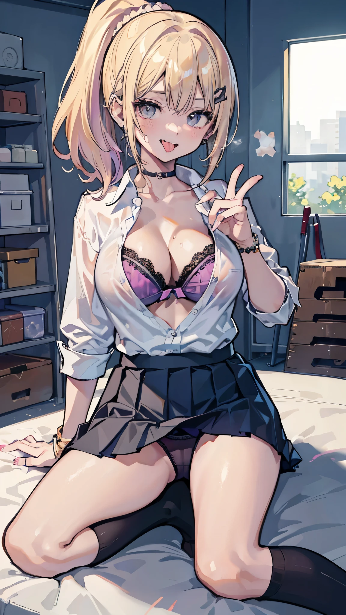 (8K、best image quality、highest quality、masterpiece)、detailed face、1 girl、gyaru、blonde、short hair、ponytail、gray eyes、earrings、evil smile、open mouth、((stick out tongue))、big breasts、((white collared shirt))、((cleavage))、((black pleated skirt))、((miniskirt))、((open legs))、((black panties))、cowboy shot、sit、POV、Gym storeroom