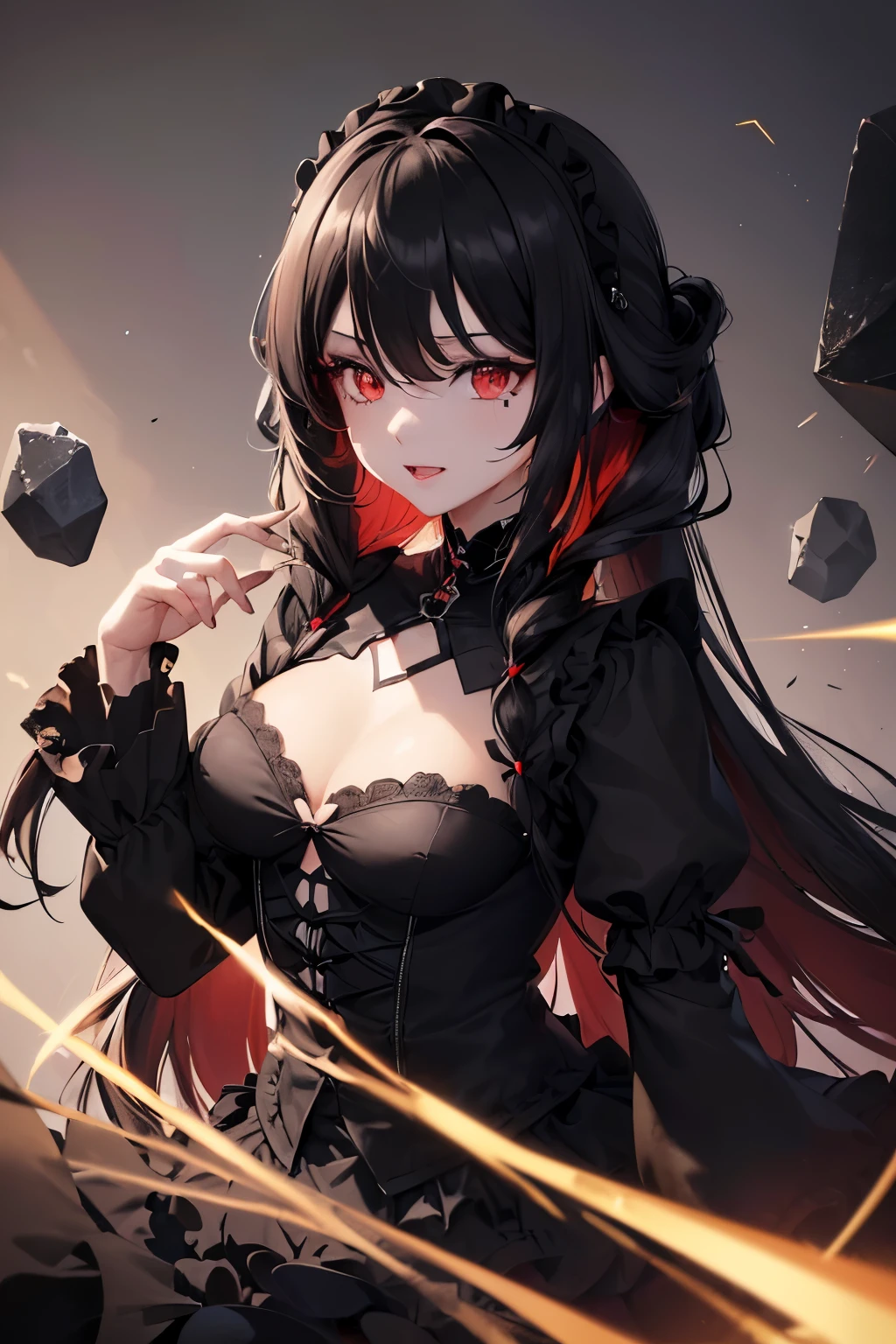 1girl,sense of deps,disorganized,catch light,Super beautiful illustrations,((Countless flying rocks)),((black color,long hairstyles:1.3)),dark dark eyeshadow,(((4K,super beautiful,In detail,red eyes))),bright red lipstick,gothic lolita,;D,beautiful and delicate hair,emphasize the chest,brown shining light effect,brown aura