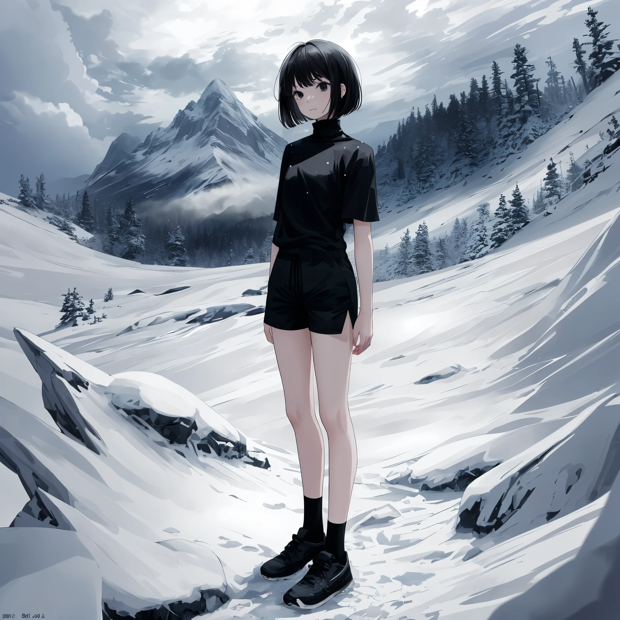 masterpiece, high quality, highres, outside, 1girl, solo, slim, black hair, bobcut, bangs, black eyes, closed mouth, monochromatic clothing theme color, black shirt, short sleeves, turtleneck, black sweat shorts, black socks, black shoes, from front, standing up, snowing, snow, mountain, atmospheric perspective, cloudy_sky