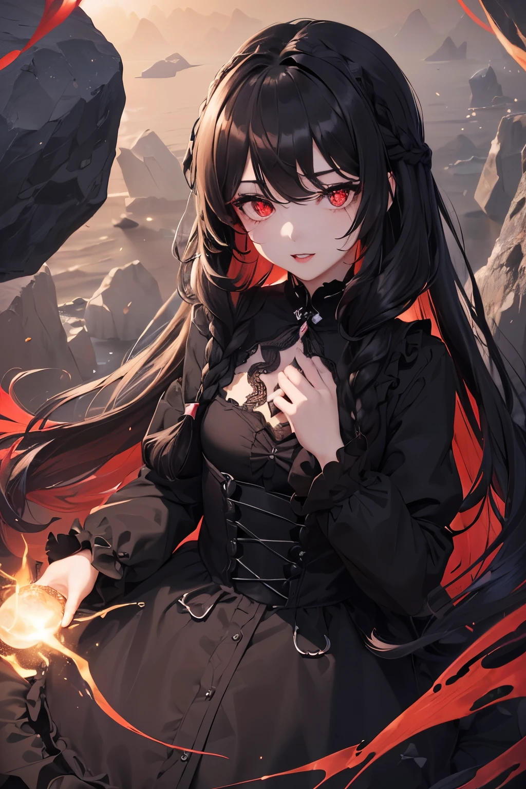 1girl,sense of deps,disorganized,catch light,Super beautiful illustrations,((Countless flying rocks)),((black color,long hairstyles:1.3)),dark dark eyeshadow,(((4K,super beautiful,In detail,red eyes))),bright red lipstick,gothic ta,;D,beautiful and delicate hair,emphasize the chest,brown shining light effect,brown aura