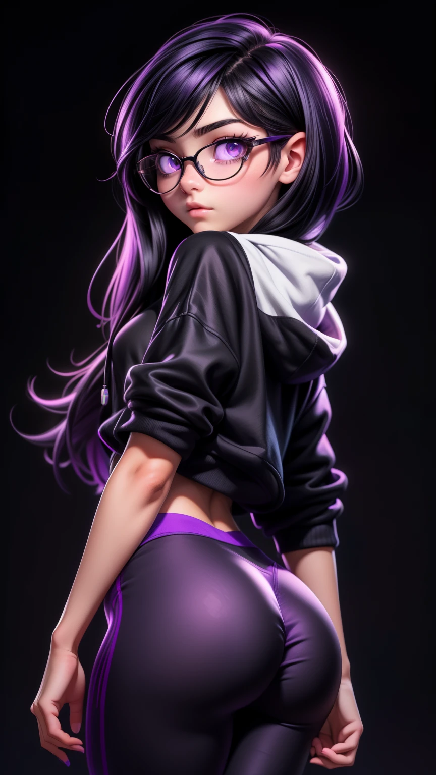 (anime art of A 18-Year-Old girl with long black hair and neon purple eyes. She wears a pair of glasses, with round lenses, and she has a plain oversized hoodie on with a pair of black leggings on. Behind her is a black backdrop:1.2), masterpiece, 4k, best quality, anime art, butt shot